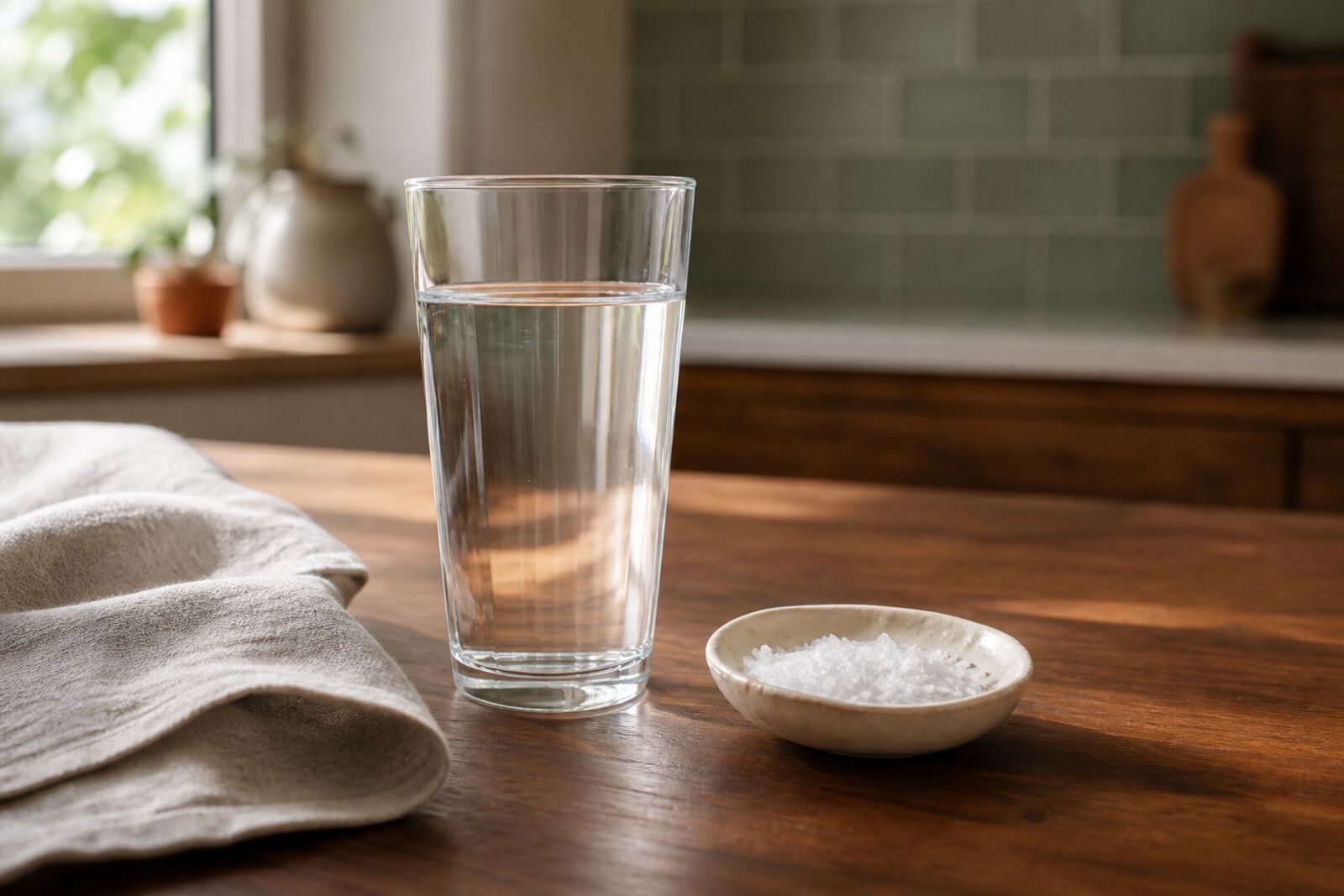 A tall glass of water and a small dish of flaky sea salt on a wooden counter in morning light