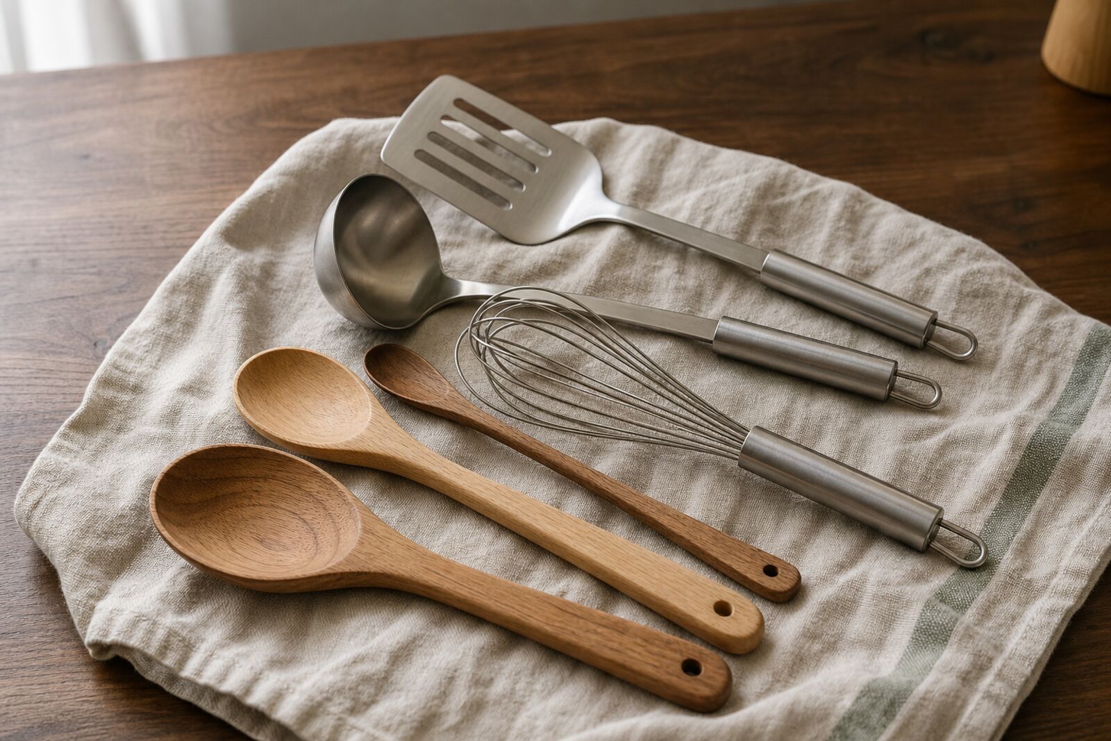 Wooden spoons and stainless steel utensils laid out on a linen towel