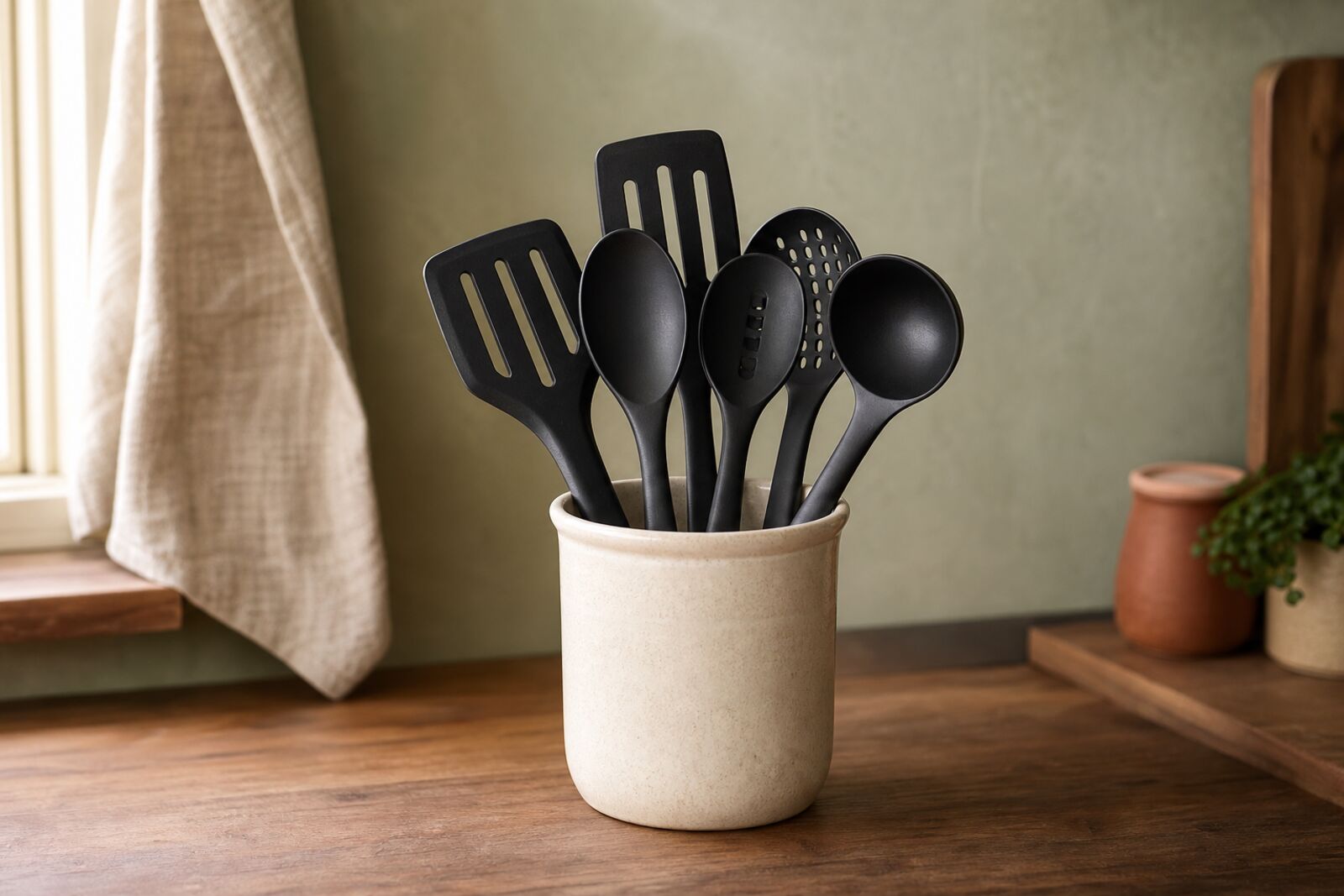 Assorted black plastic kitchen utensils standing in a ceramic crock on a counter