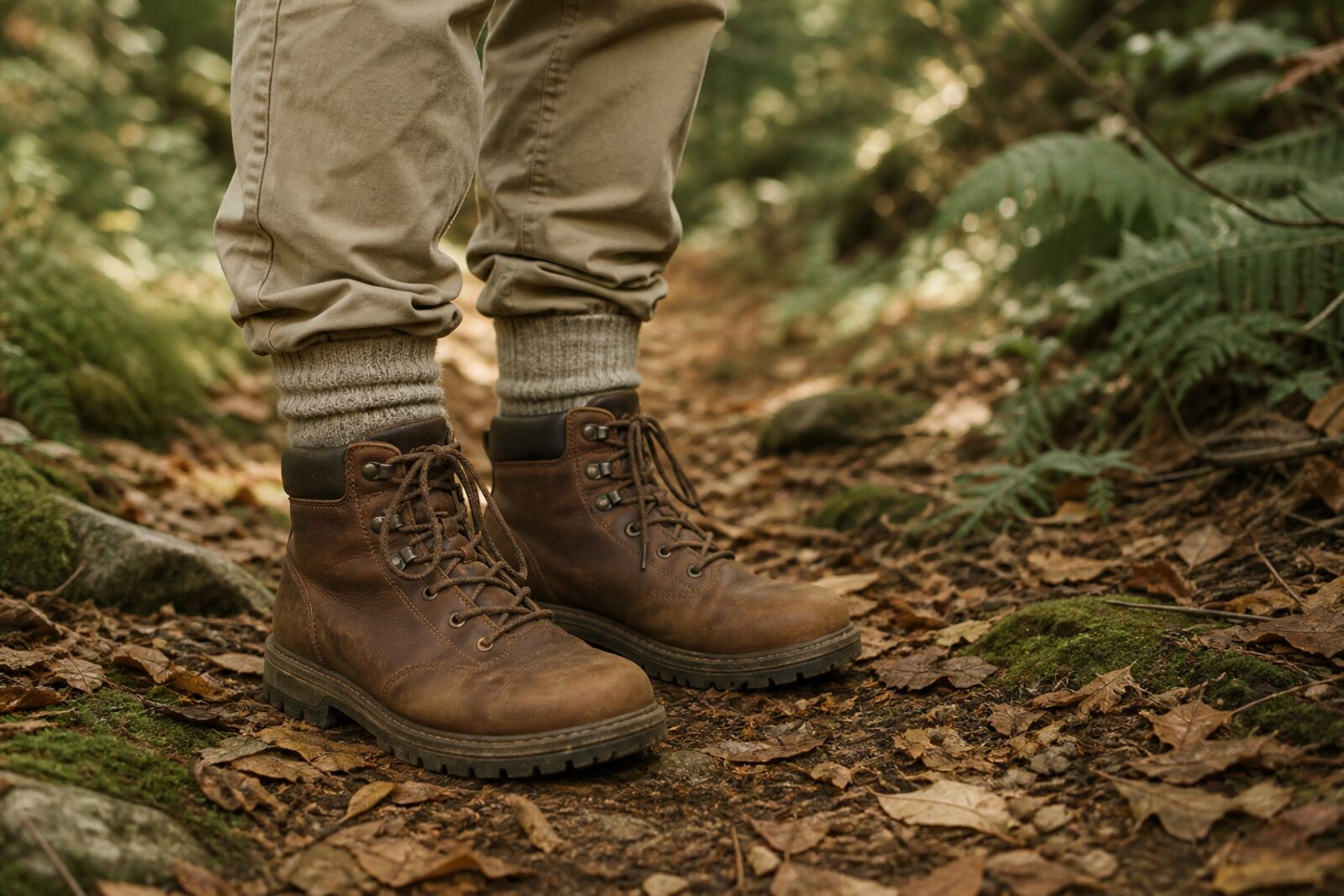 Hiking boots and tucked pant cuffs on a leafy trail, close-up