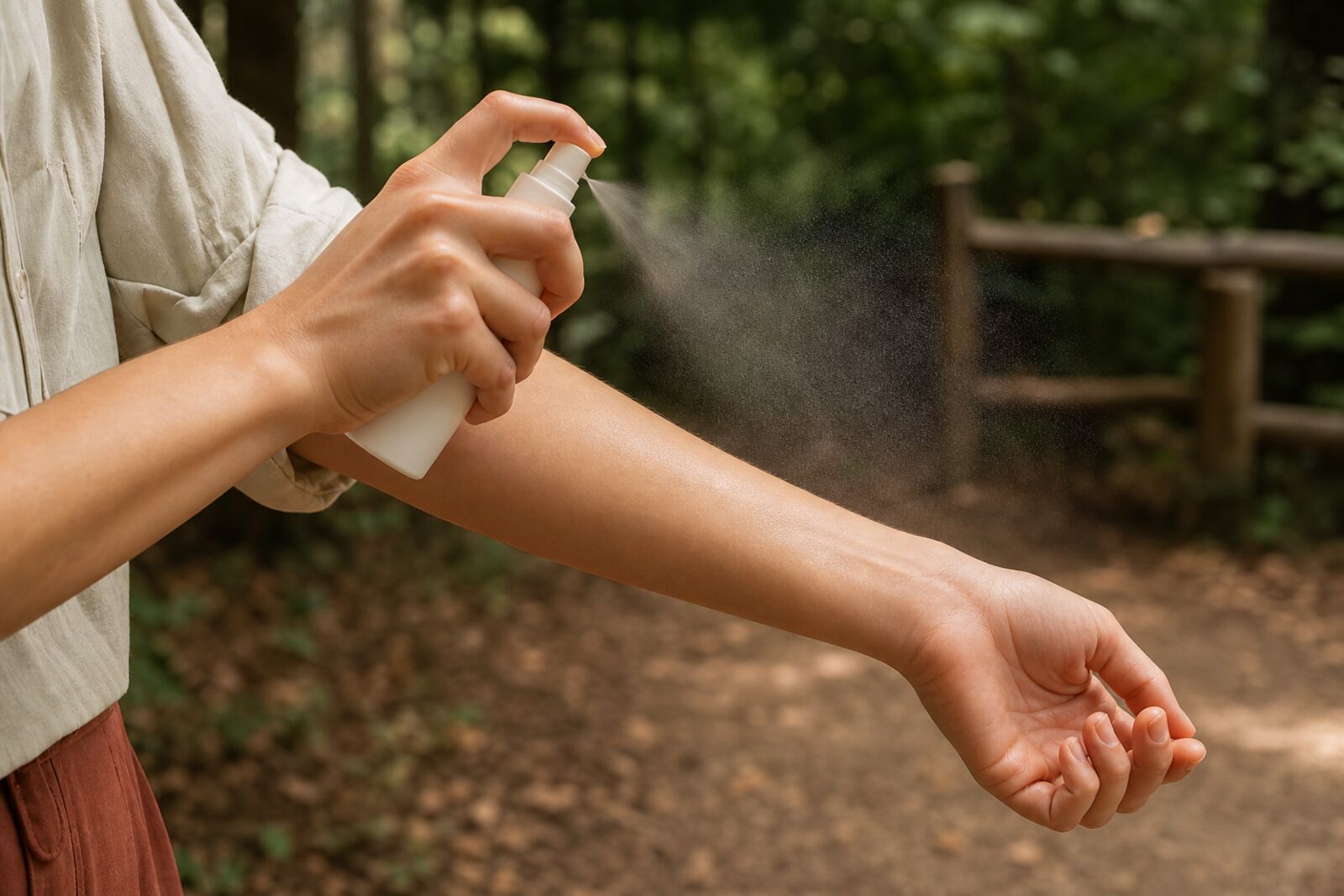 A hand spraying insect repellent on a forearm at a forest trailhead