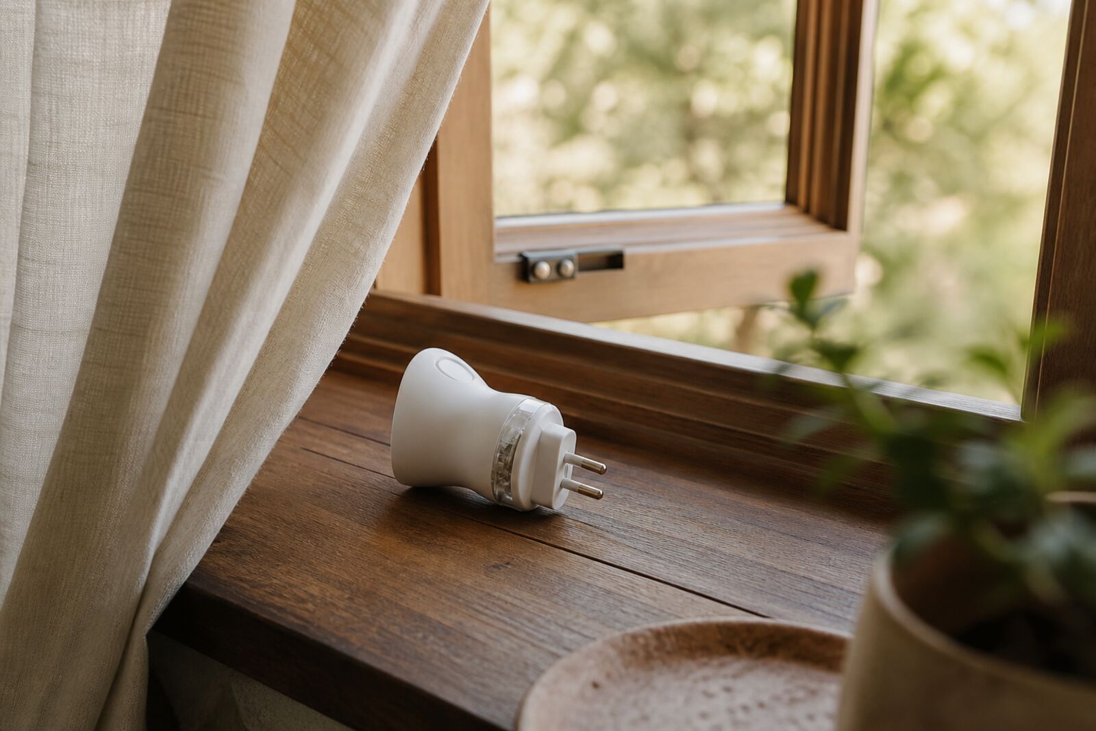 An unplugged plug-in air freshener lying on a windowsill next to an open window