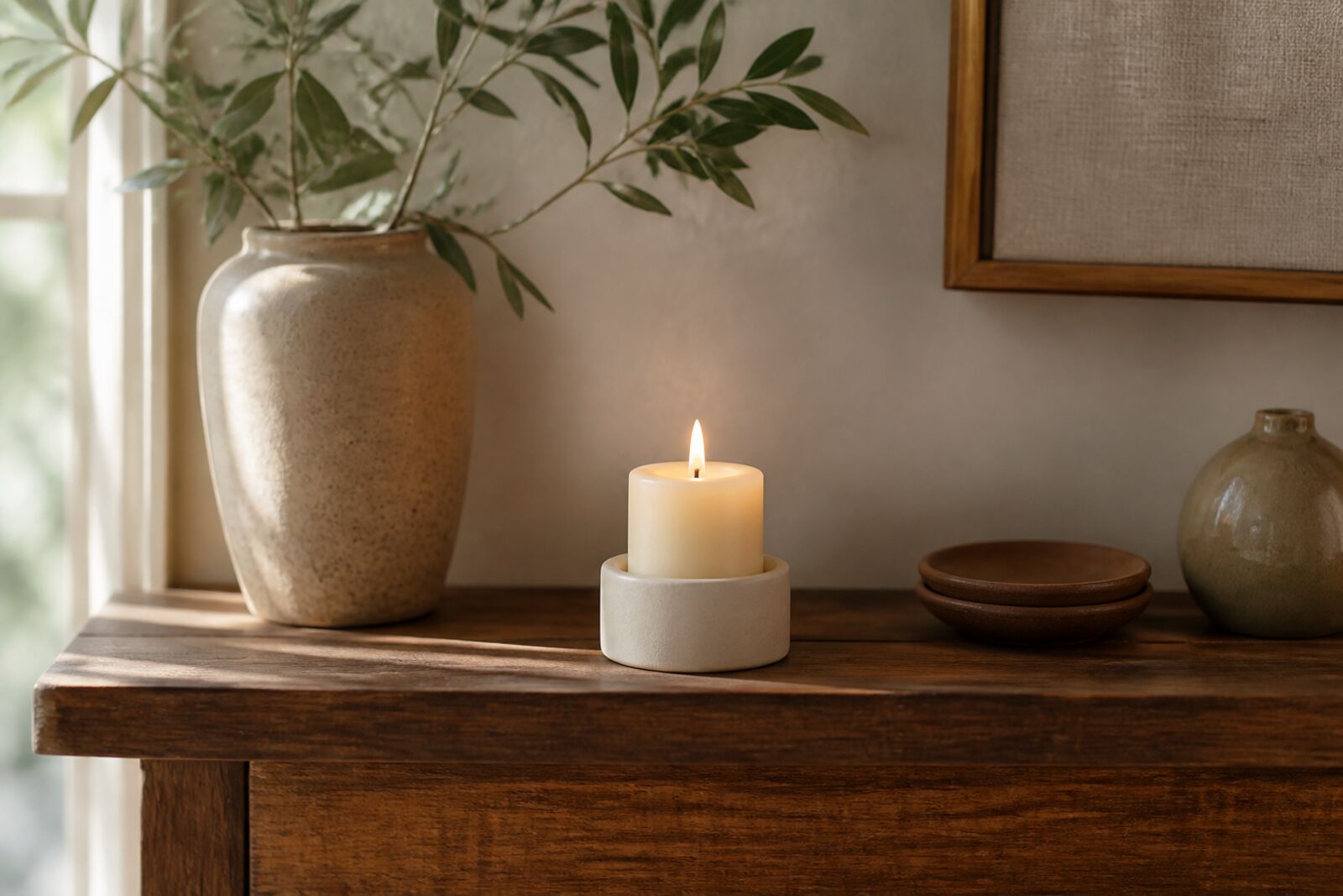 A single lit unscented candle on a wooden mantel in soft window light