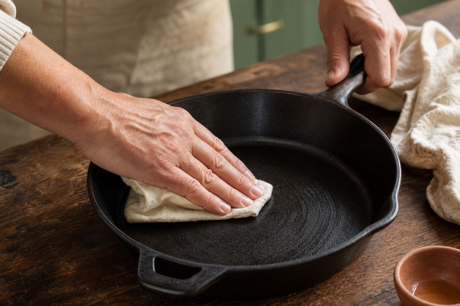 Hands rubbing a thin sheen of oil into a cast iron skillet with a cloth