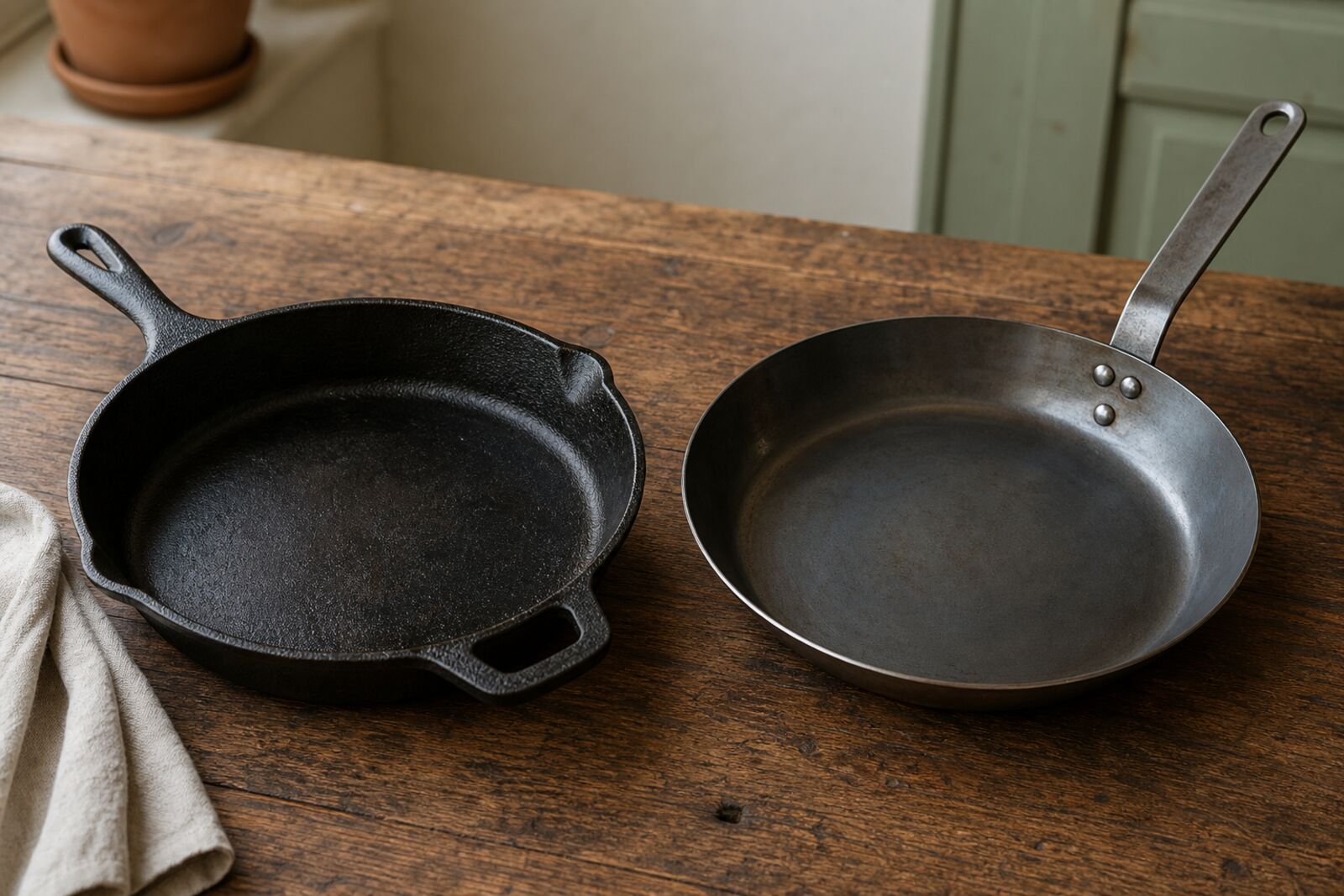 A well-seasoned cast iron skillet and a carbon steel pan side by side on a rustic wooden table