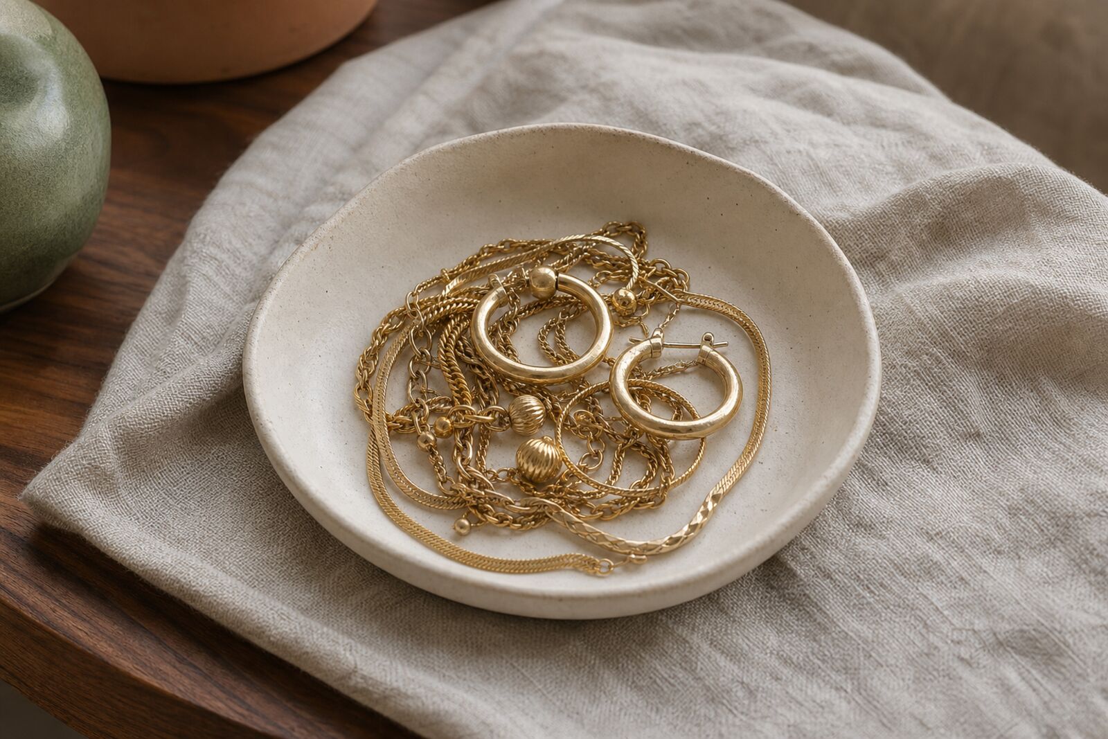 A tangle of inexpensive gold-tone costume jewelry in a ceramic dish