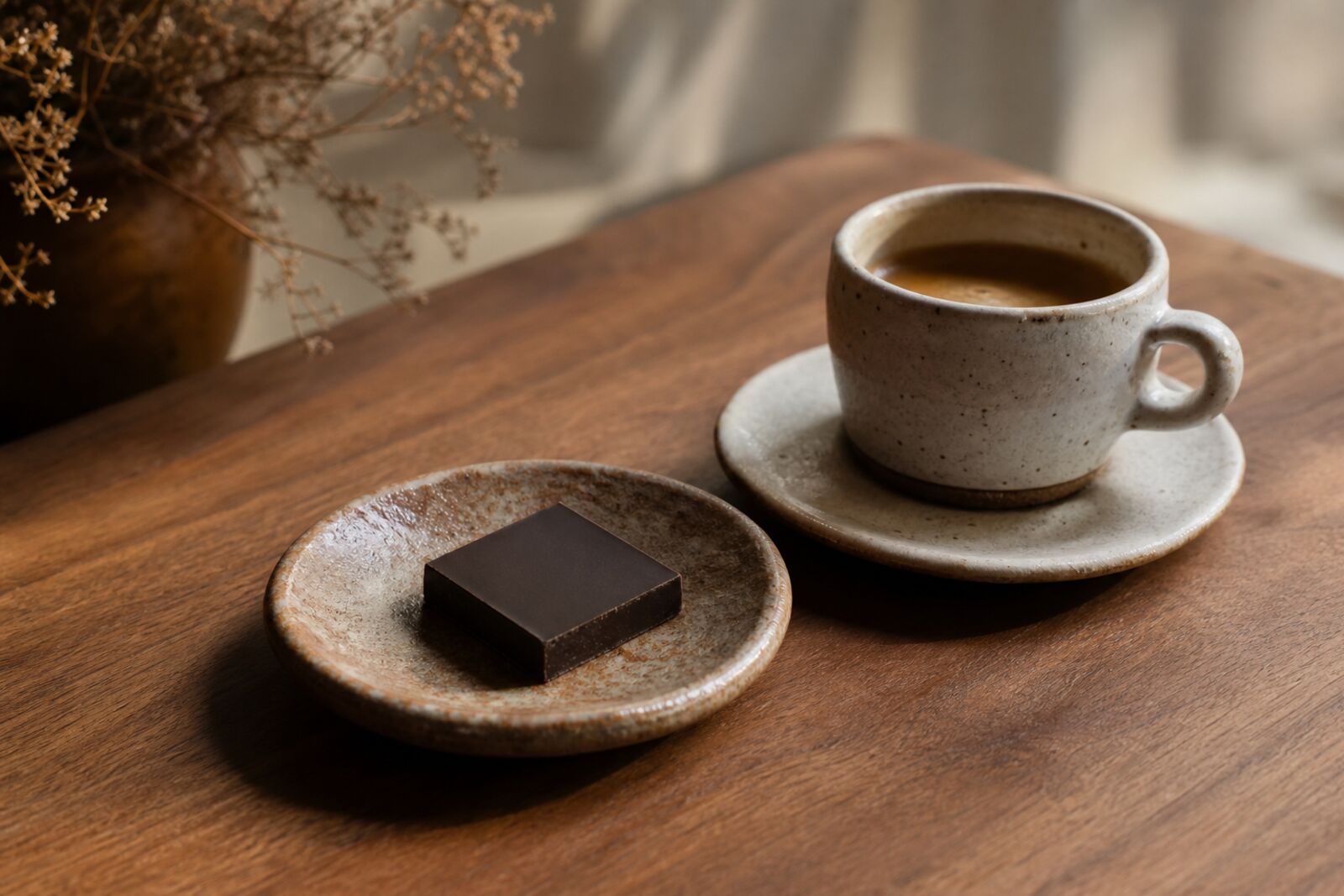 A single square of dark chocolate on a saucer beside an espresso cup
