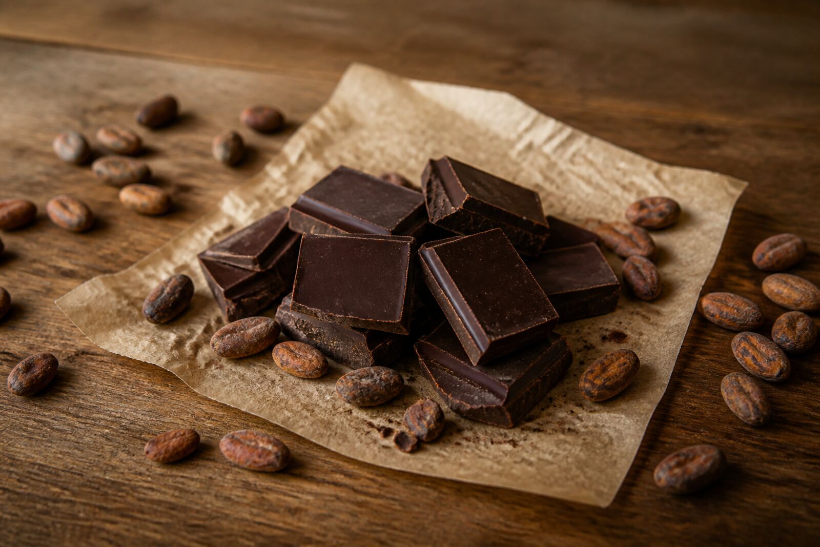 Broken squares of dark chocolate on parchment paper with scattered cocoa beans