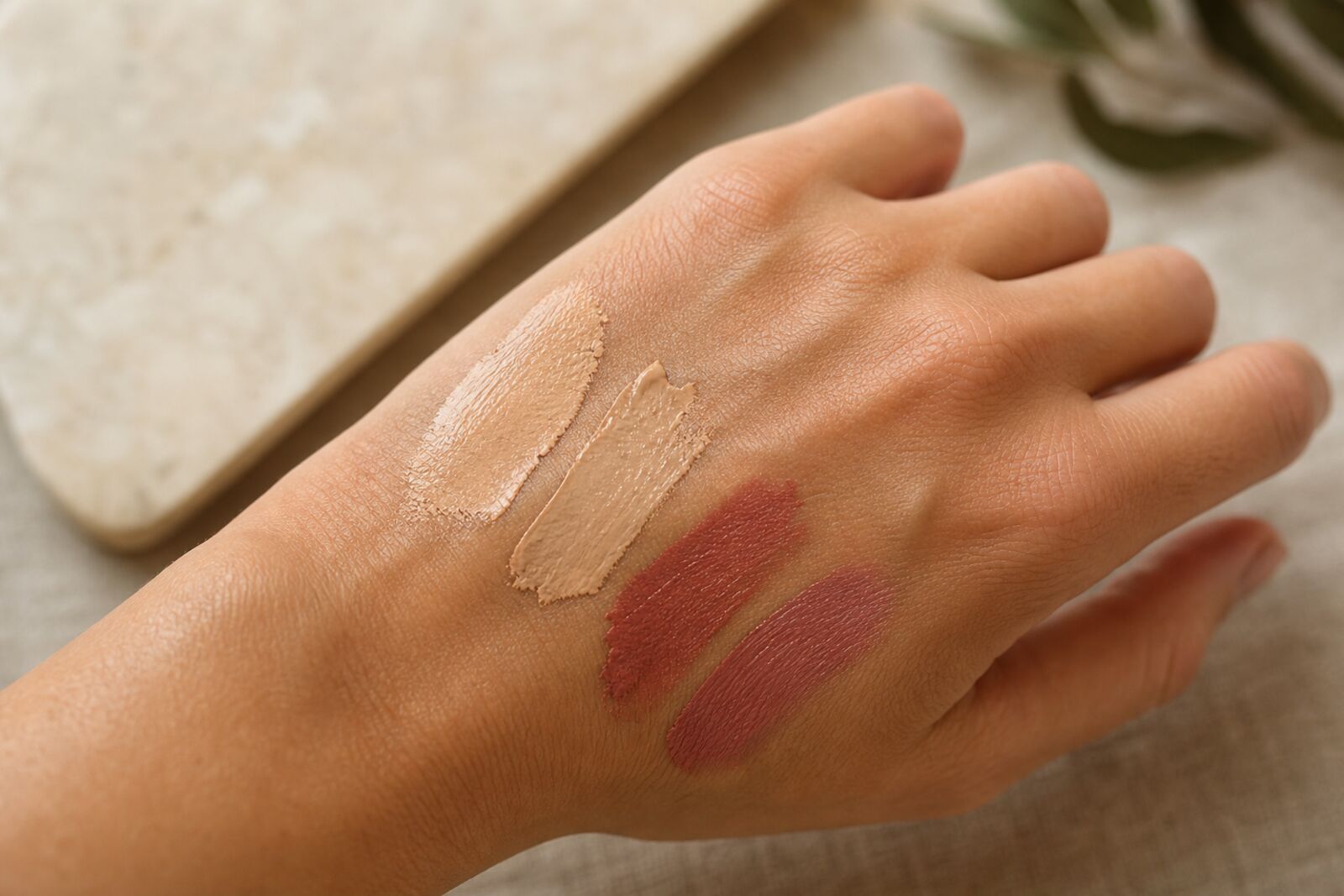 Foundation and lipstick swatches smeared on the back of a hand, close-up