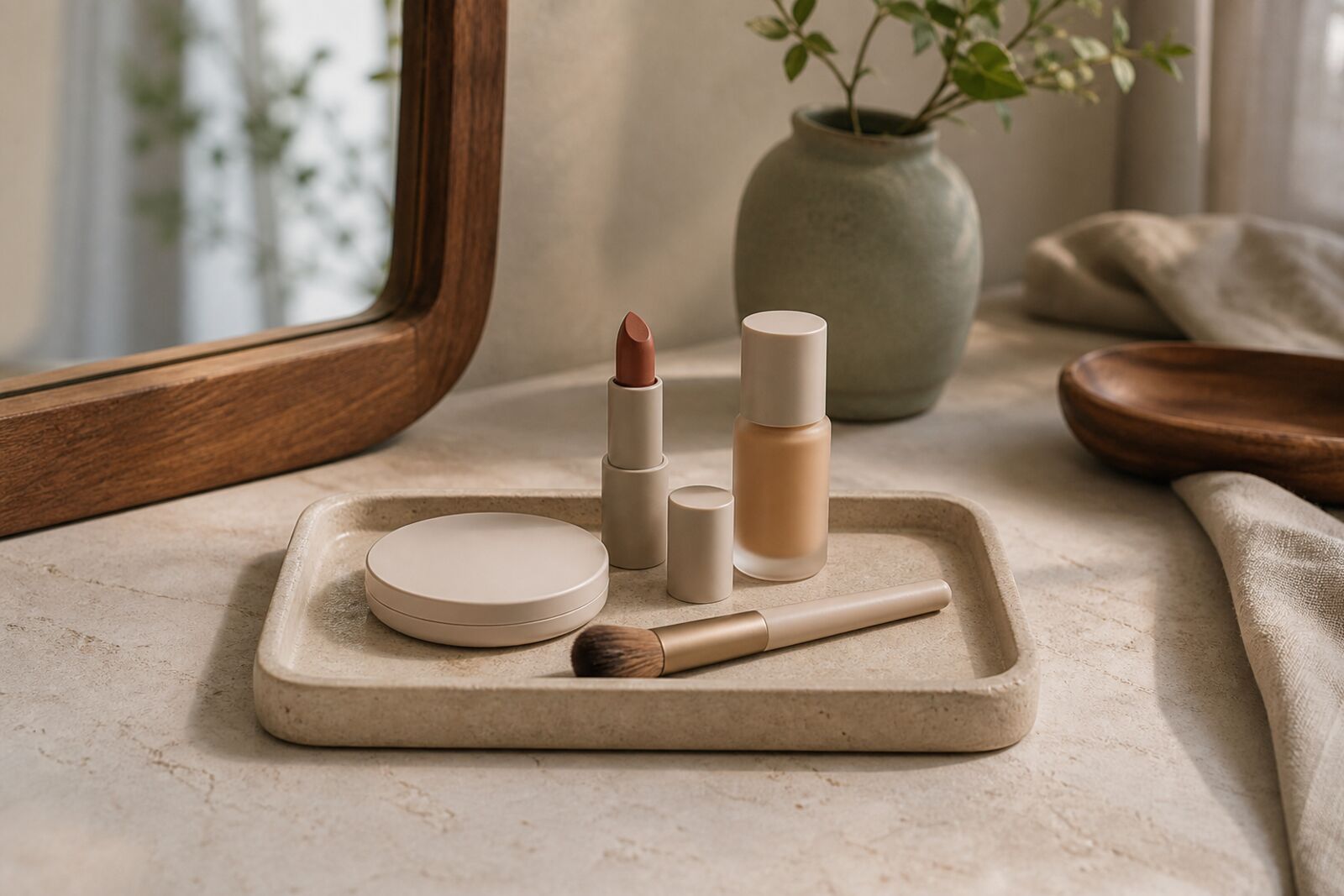 A small set of minimal unlabeled makeup products arranged on a stone vanity tray
