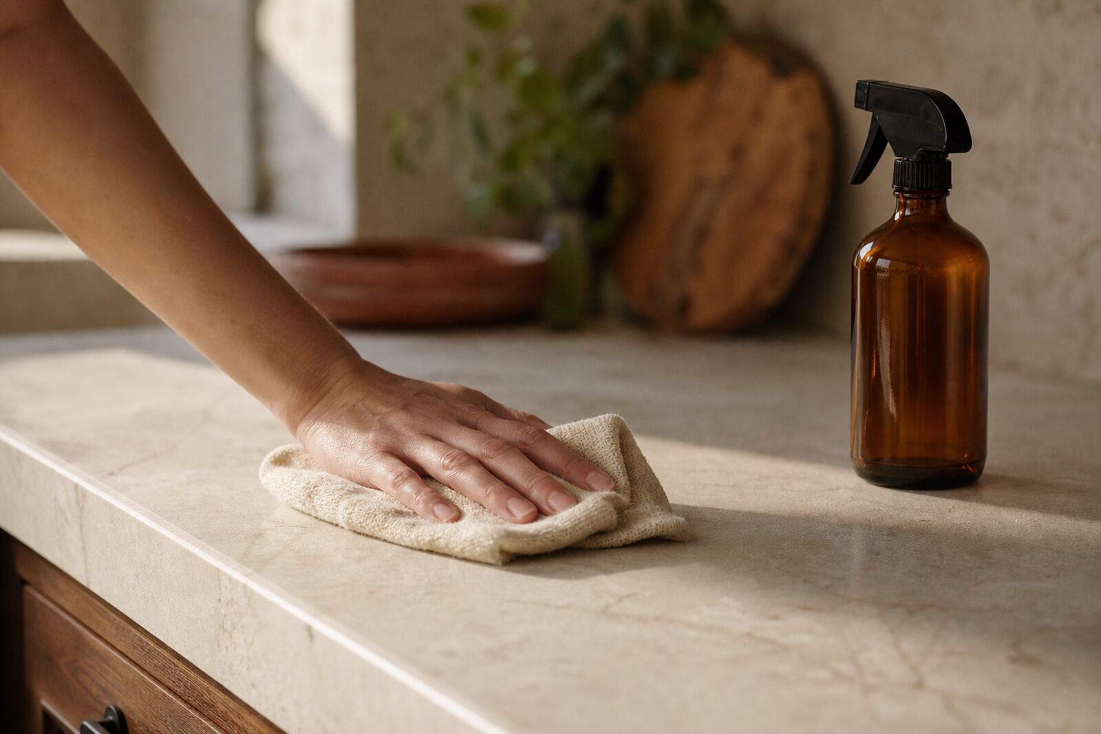 A hand wiping a stone counter with a cloth and a simple spray bottle, close-up