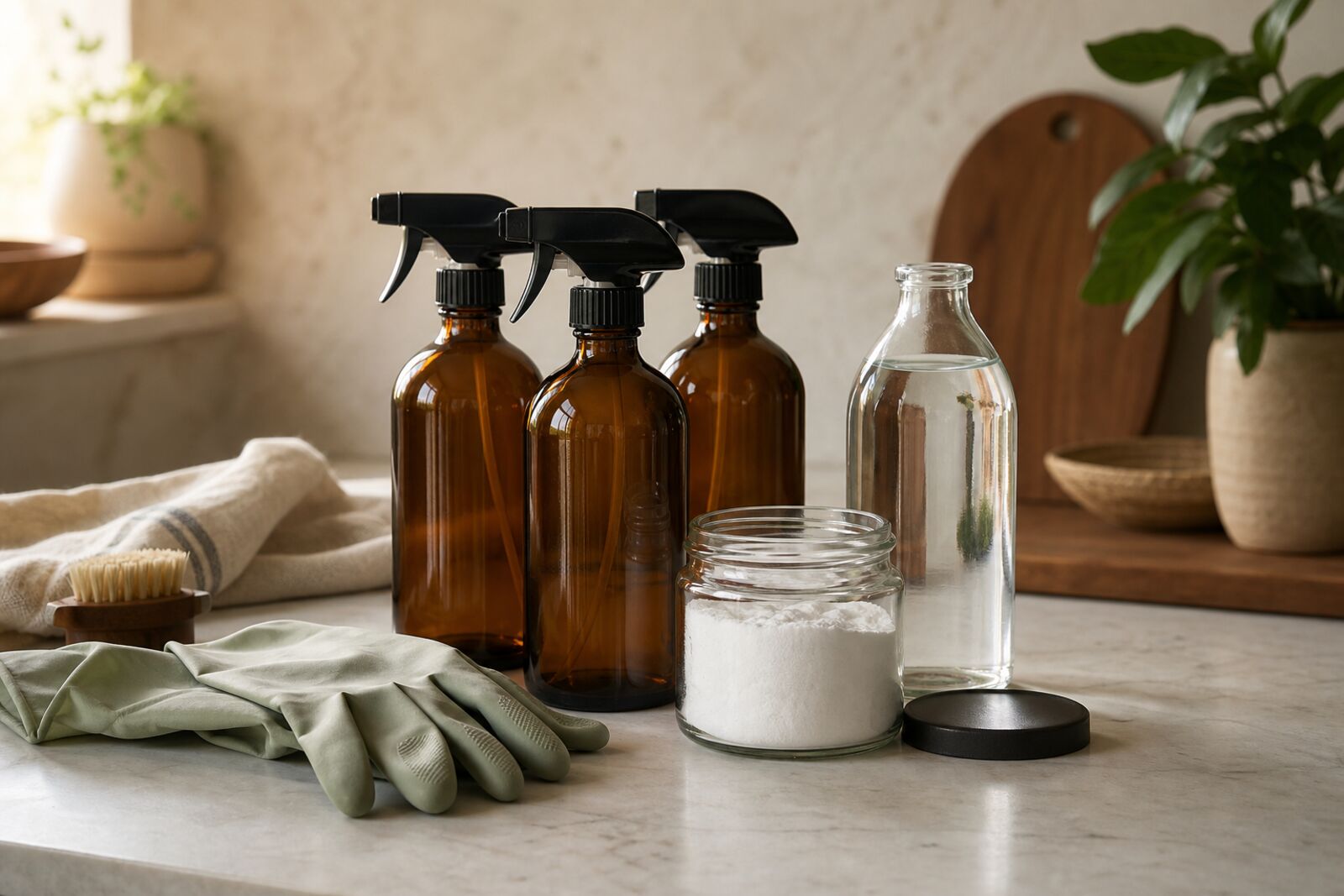 Amber spray bottles, a jar of baking soda, and vinegar on a counter with rubber gloves