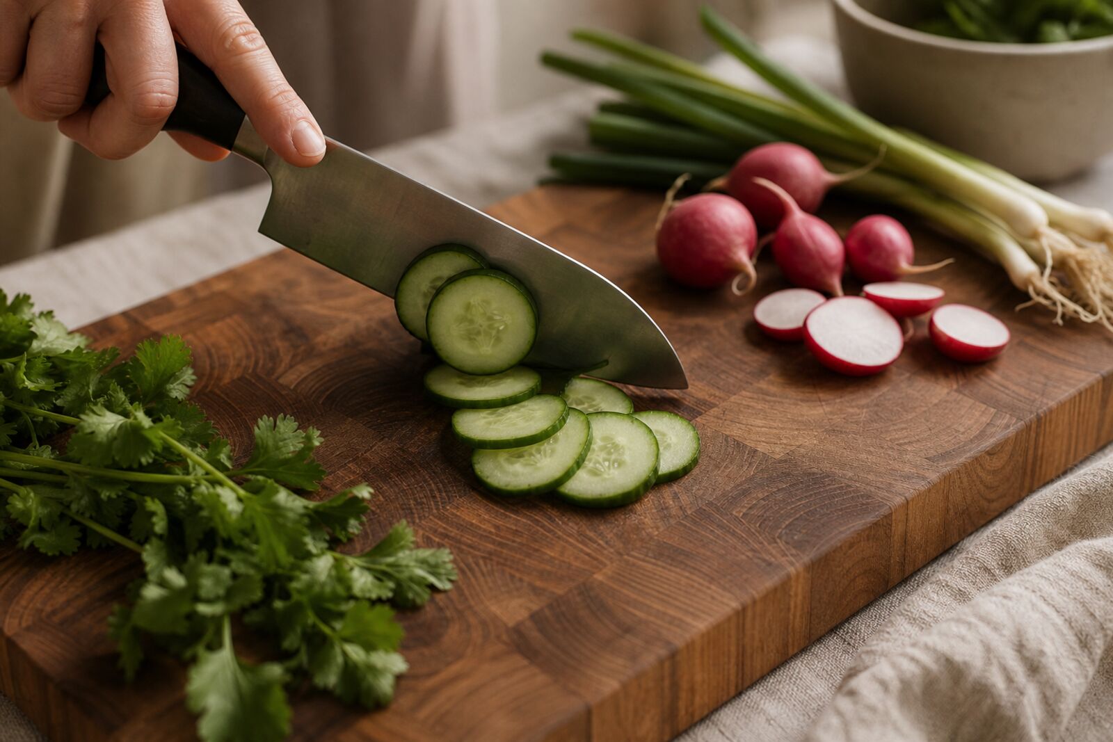 A chef's knife slicing vegetables on an end-grain wooden board, close-up