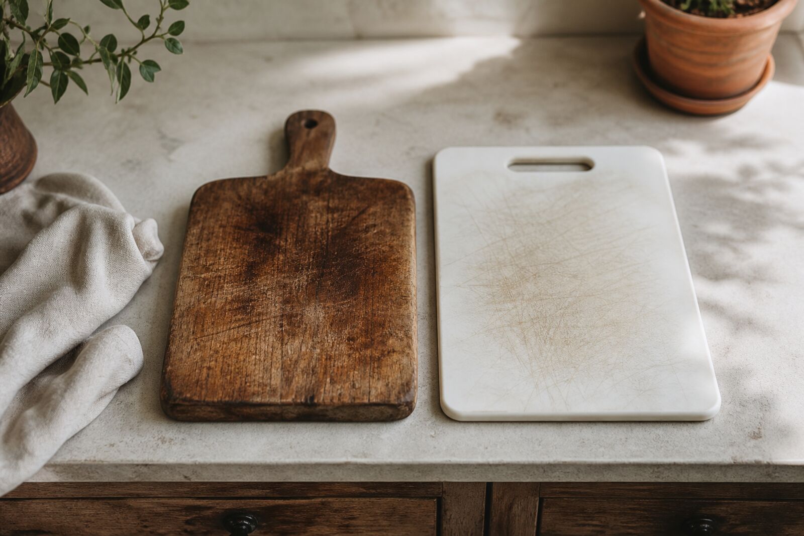 A worn wooden cutting board and a knife-scarred white plastic cutting board side by side