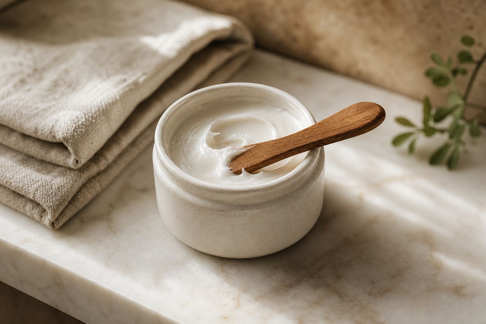 An open jar of cream deodorant with a small wooden applicator