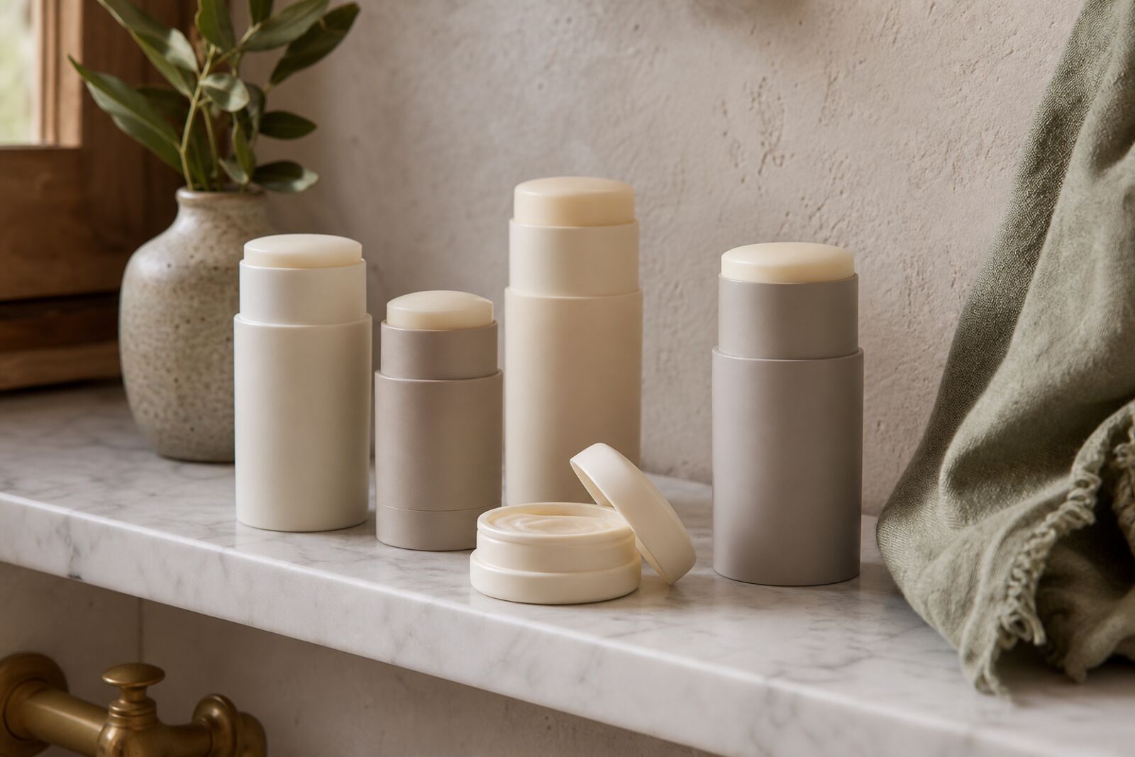 Several unlabeled deodorant sticks and a small jar on a marble bathroom shelf