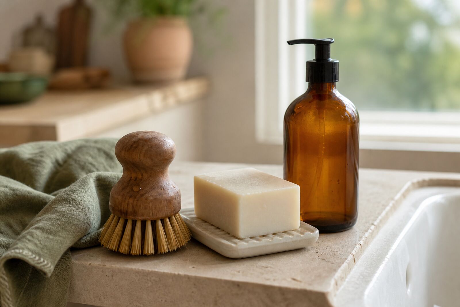 A wooden dish brush, a solid dish soap bar, and an unlabeled pump bottle on a sink ledge