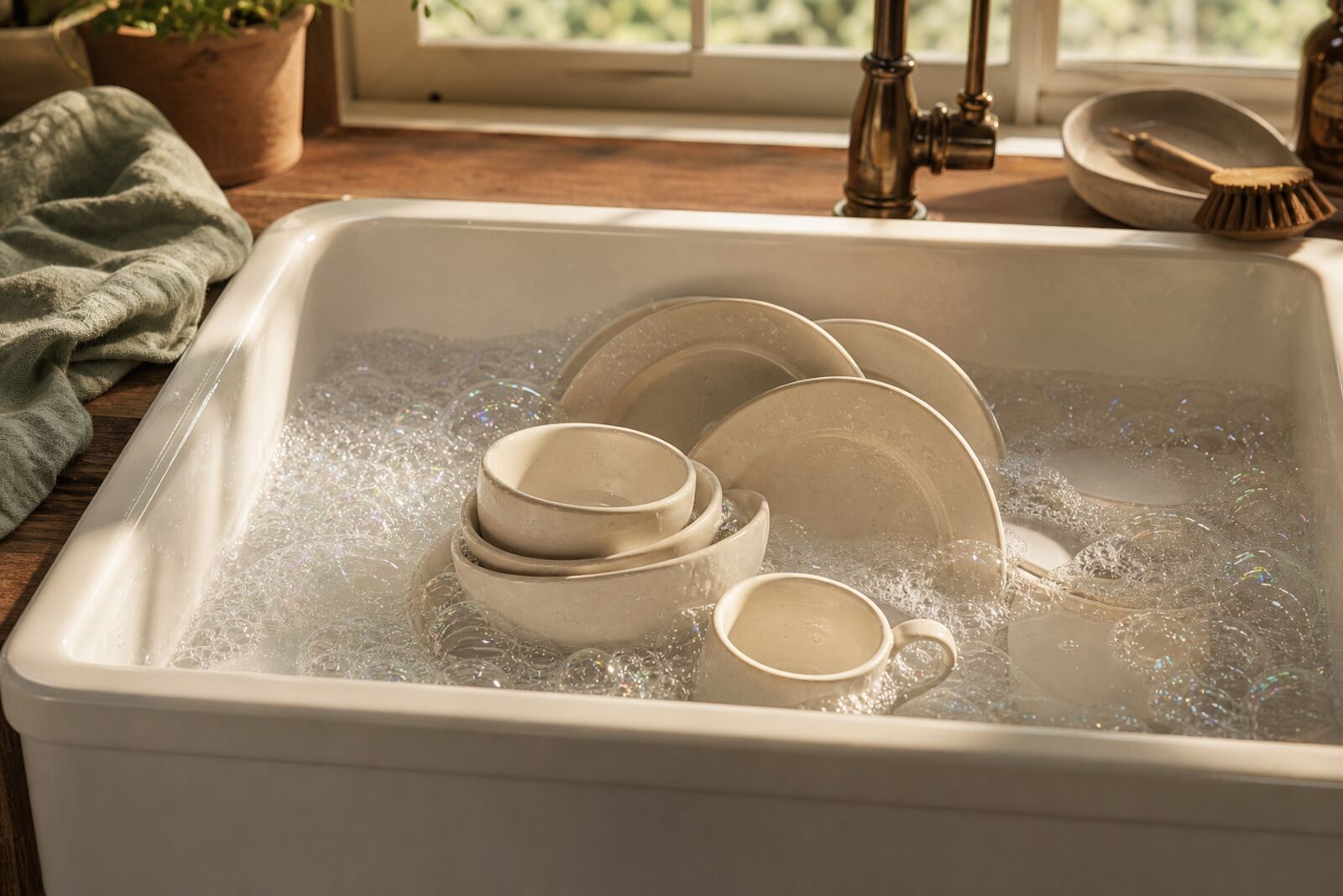 Soap bubbles and dishes in a farmhouse sink, warm side light