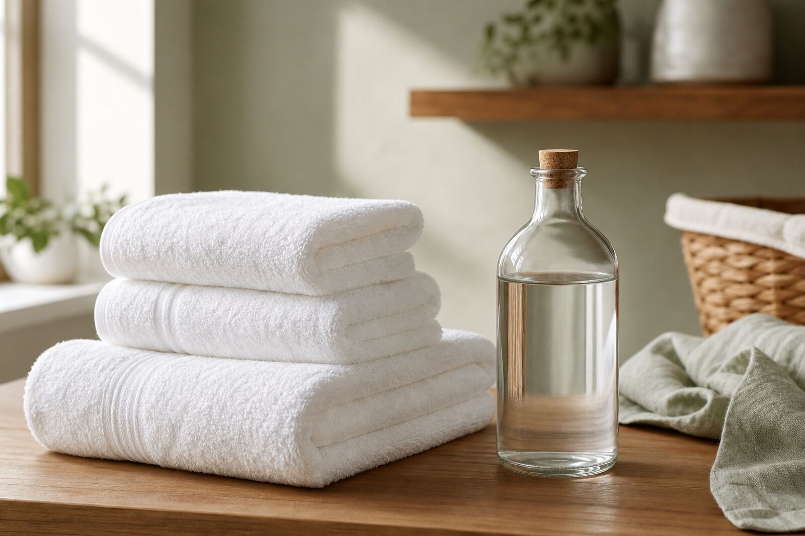 A stack of fluffy white towels next to a glass bottle of white vinegar
