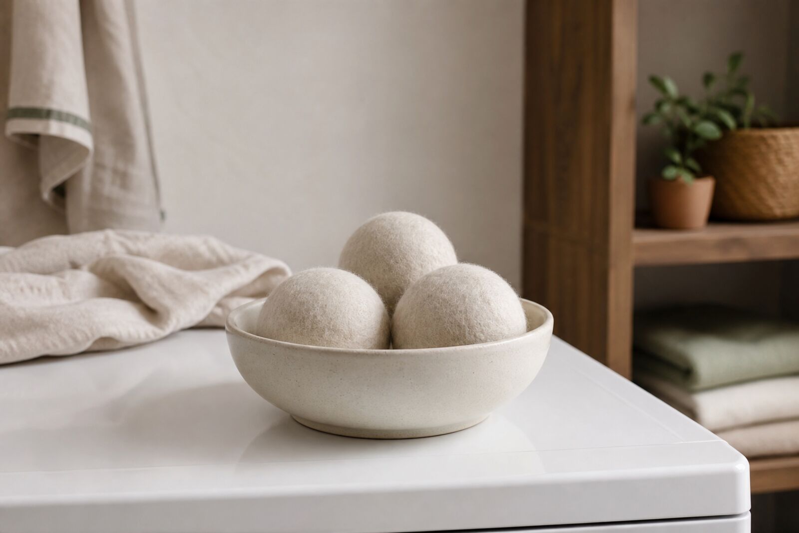 Three wool dryer balls in a ceramic bowl on top of a dryer