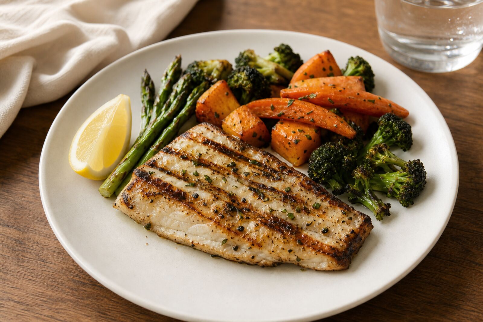 A simply grilled dish with vegetables on a white restaurant plate