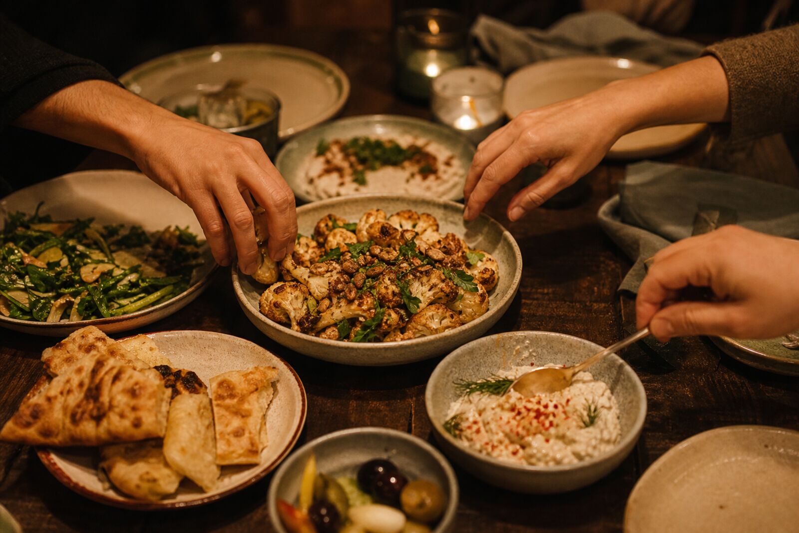 A warm restaurant table with shared dishes and hands reaching, evening light