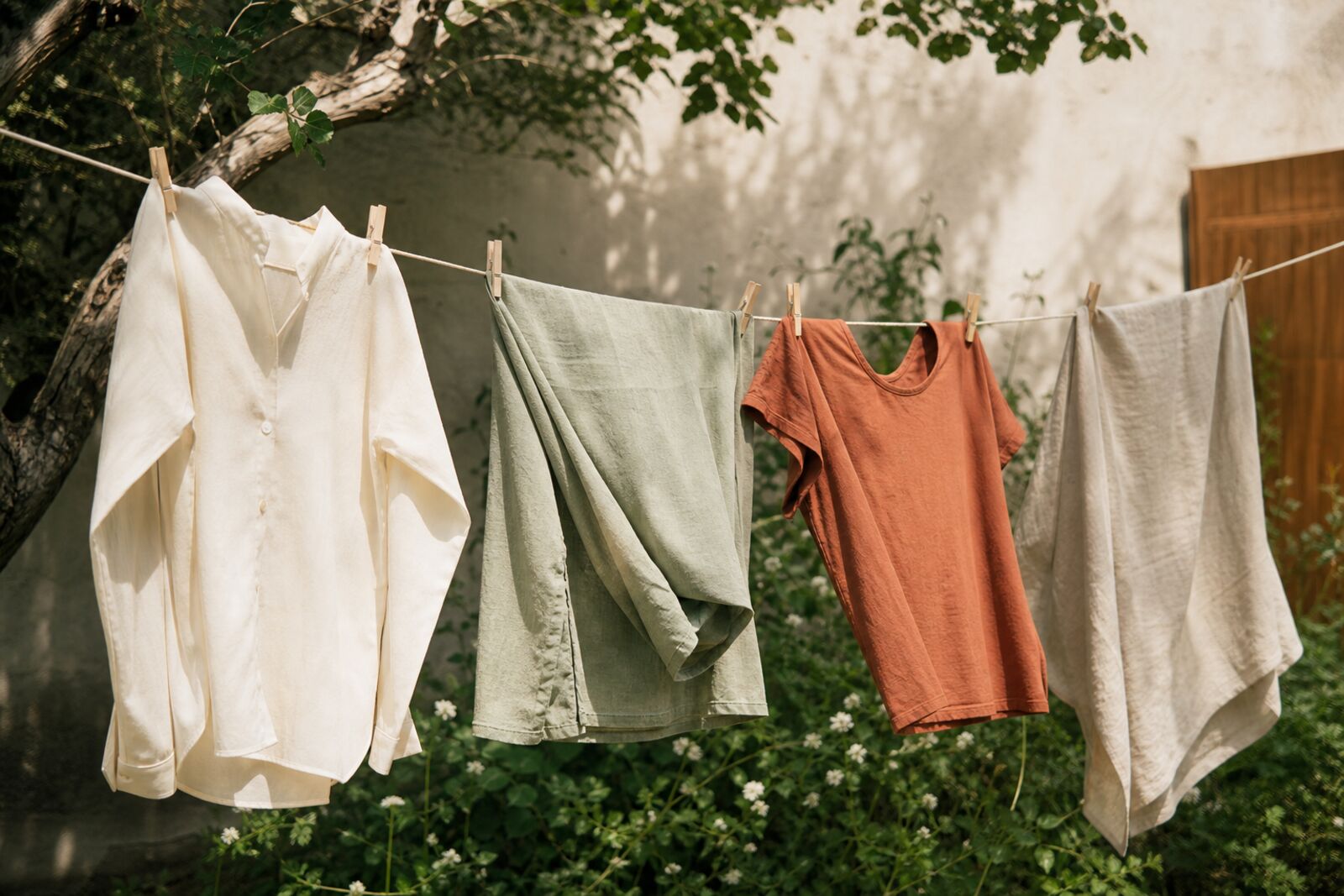 Clothes drying on a line in bright daylight