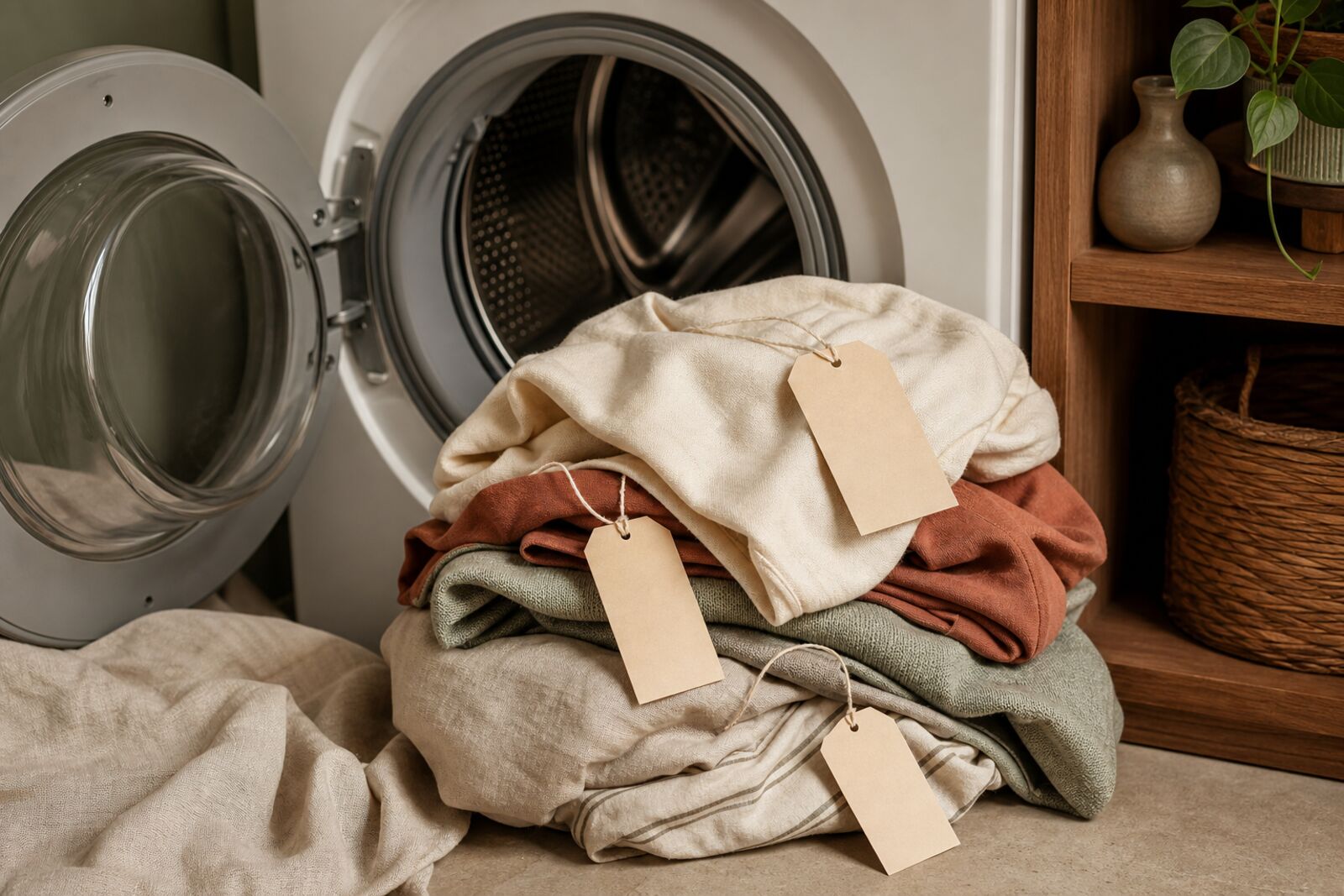 A pile of brand-new clothes with blank paper tags beside an open washing machine door