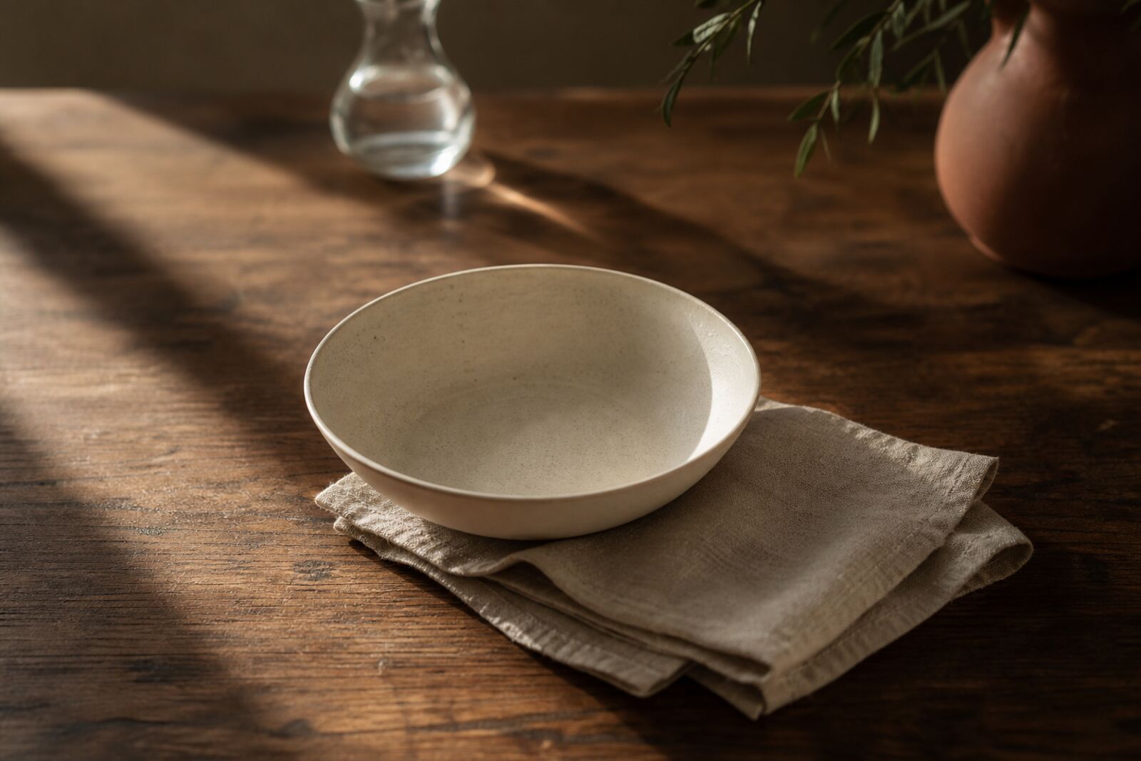 An untouched bowl and a folded napkin on a sunlit wooden table, long quiet shadows