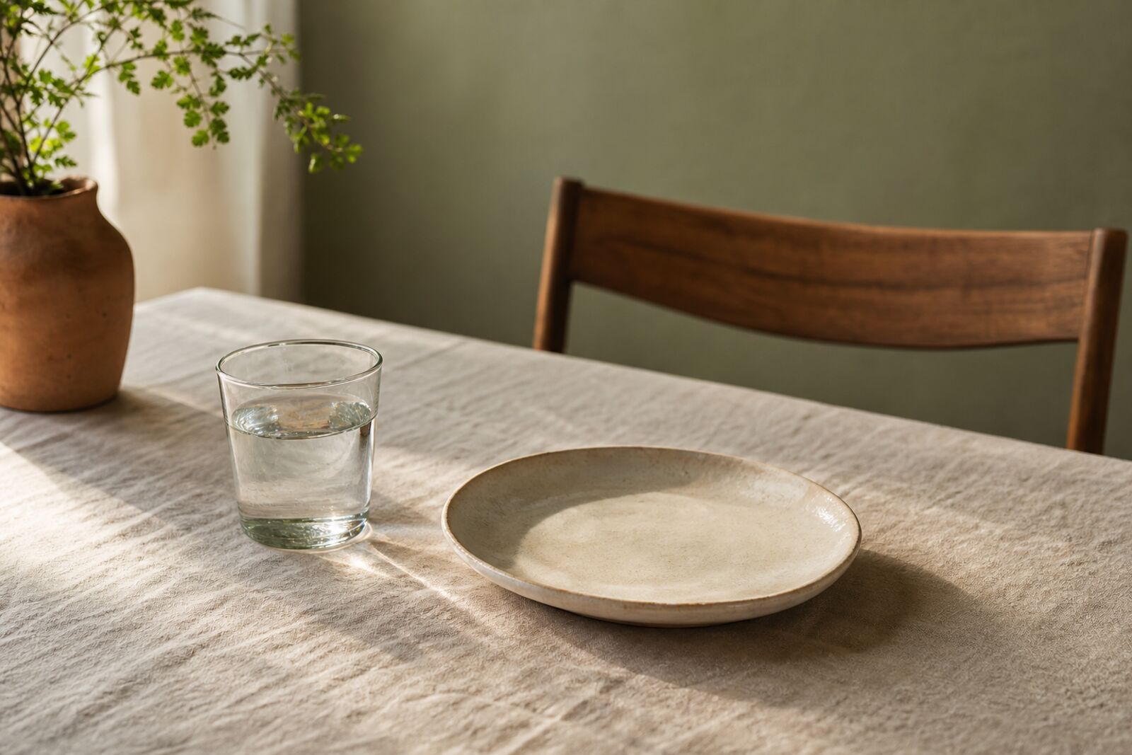 A single glass of water beside an empty ceramic plate on a linen-covered table in soft morning light