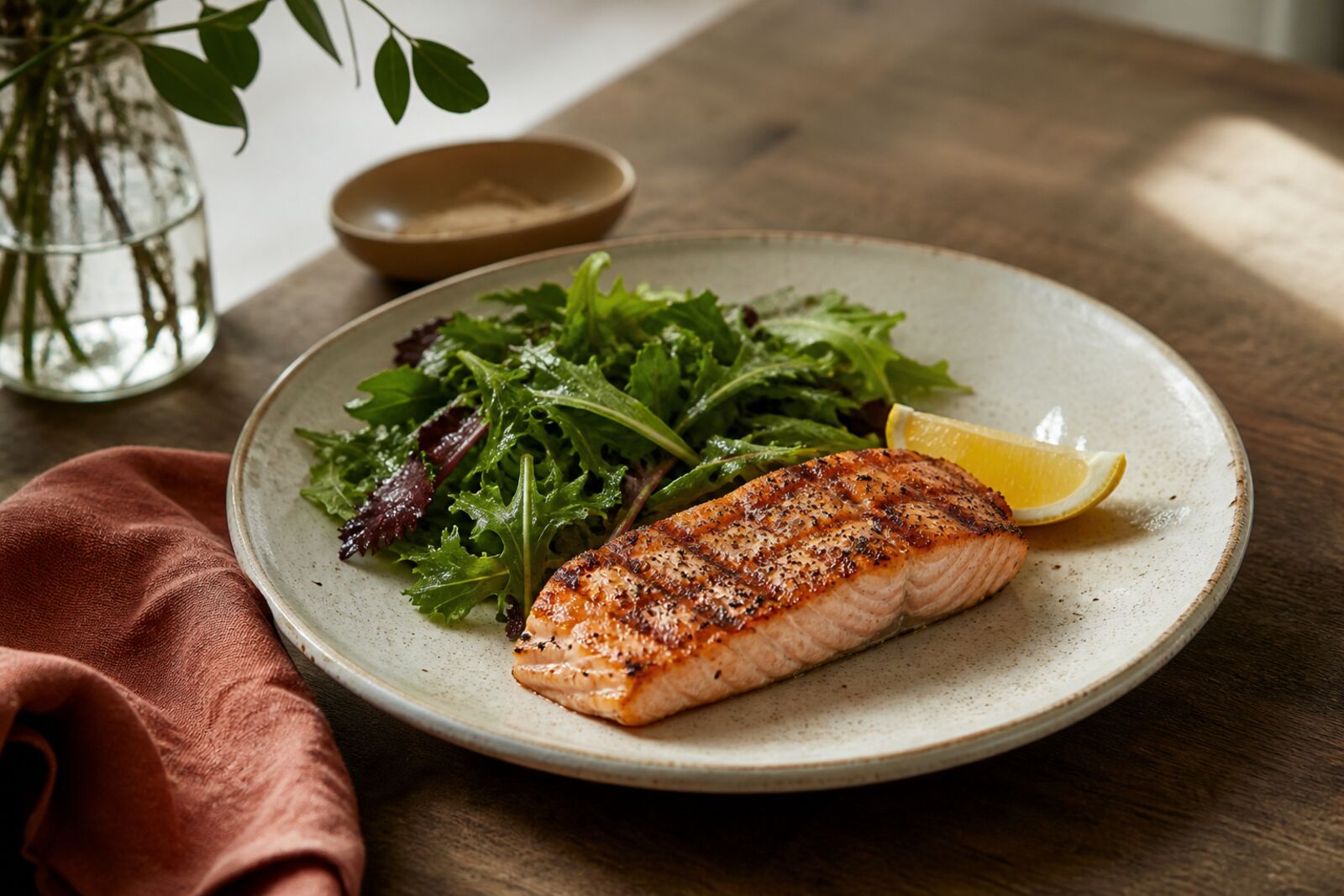 A dinner plate of grilled salmon with greens and lemon