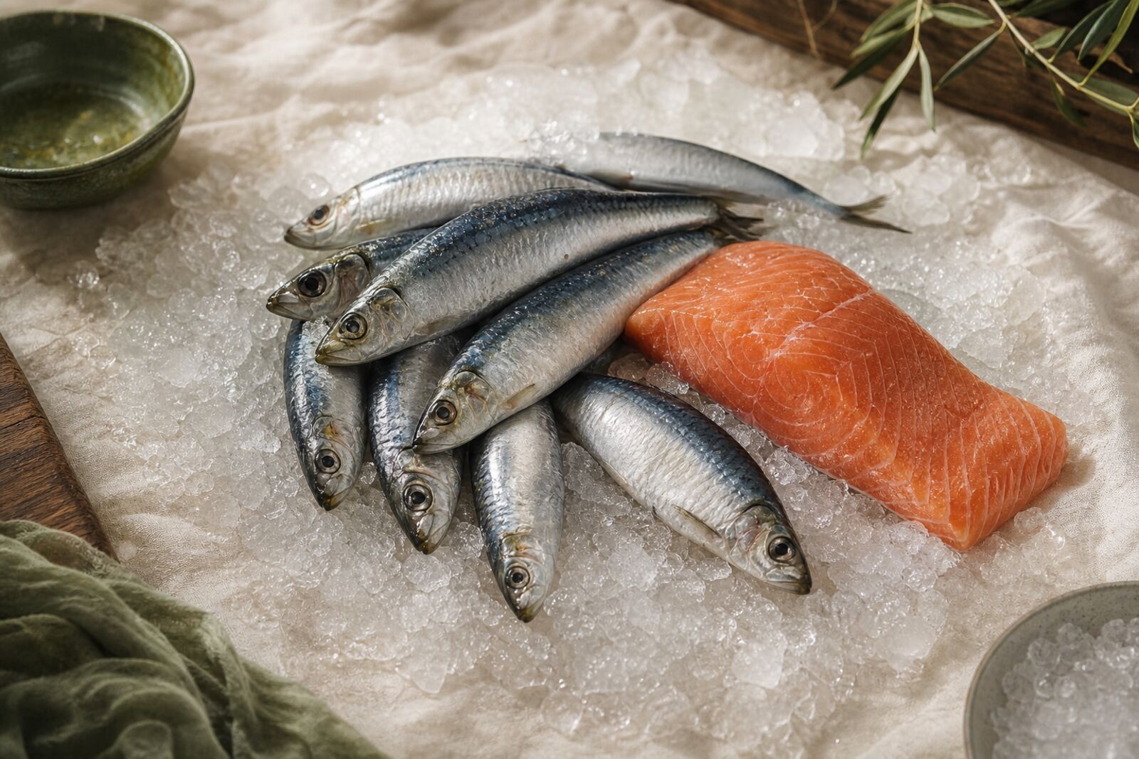 Fresh sardines and a salmon fillet on crushed ice at a fish market