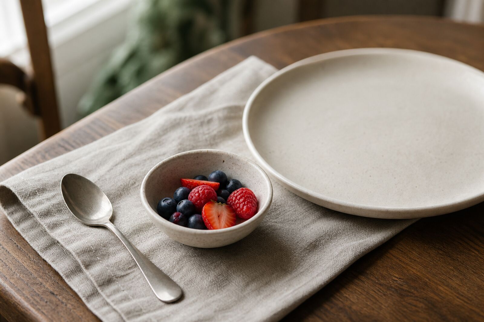 A small bowl of berries and a spoon on folded linen beside an empty plate, soft window light