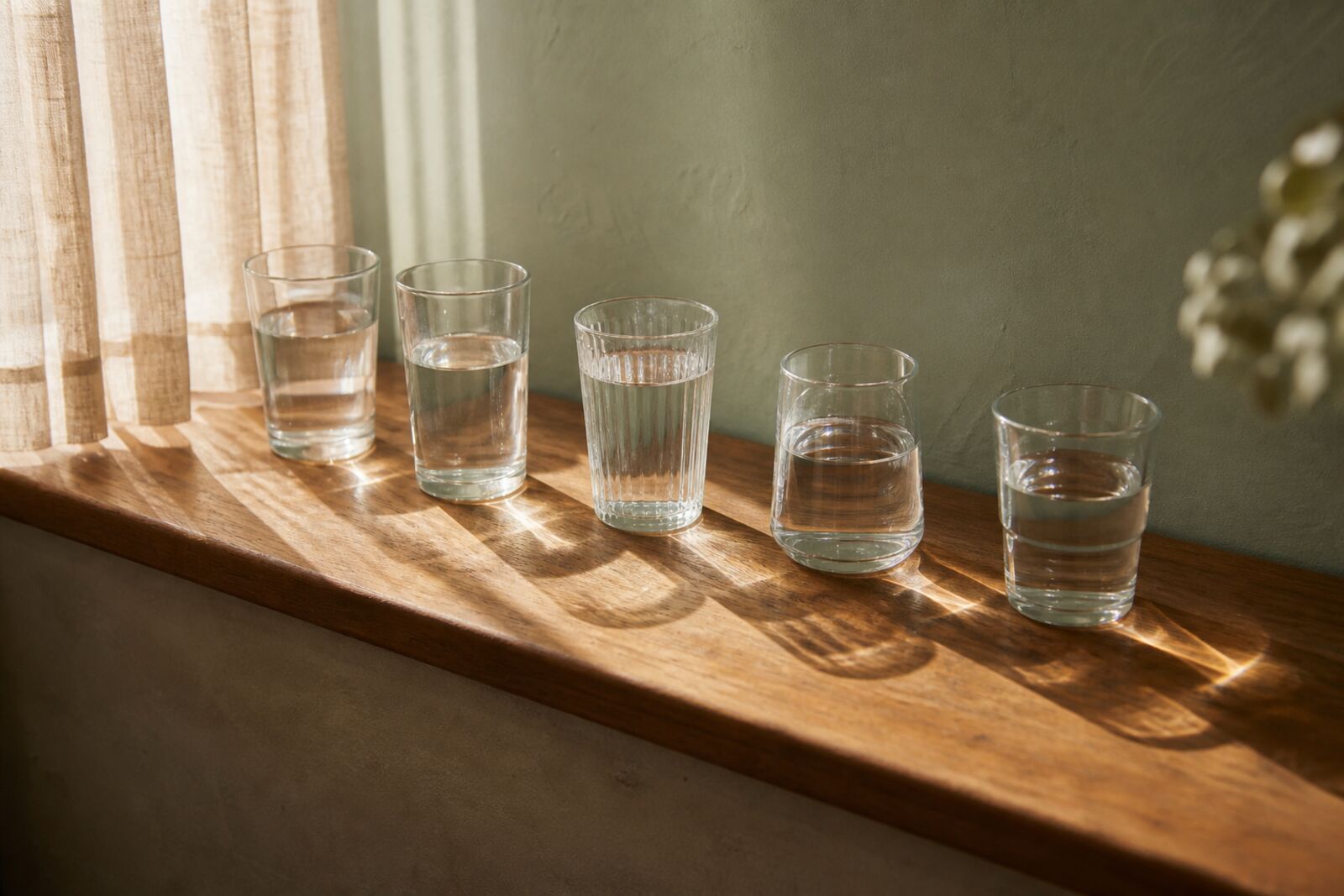 Five glasses of water in a row on a sunlit windowsill casting long shadows across the wood