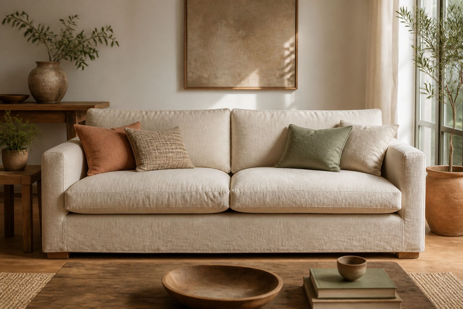 A neutral upholstered sofa in a sunlit living room with wood floors