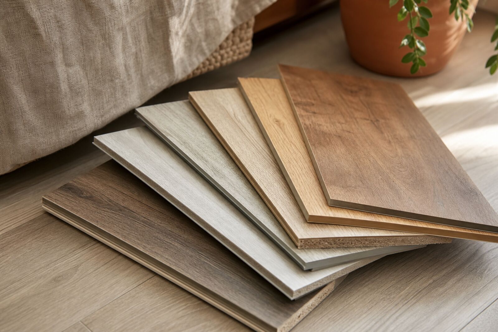 Vinyl plank and laminate flooring samples fanned out on a floor, close-up