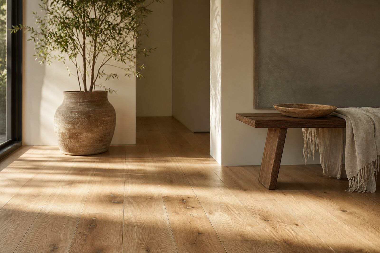 Sunlight raking across new wide-plank wood flooring in an empty room