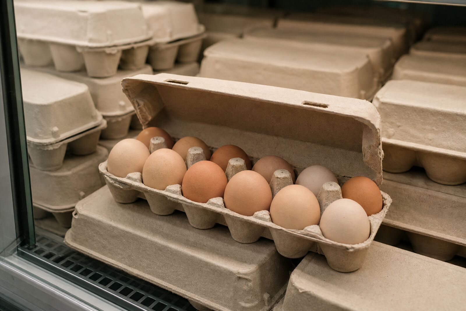 Egg cartons stacked in a refrigerated grocery case
