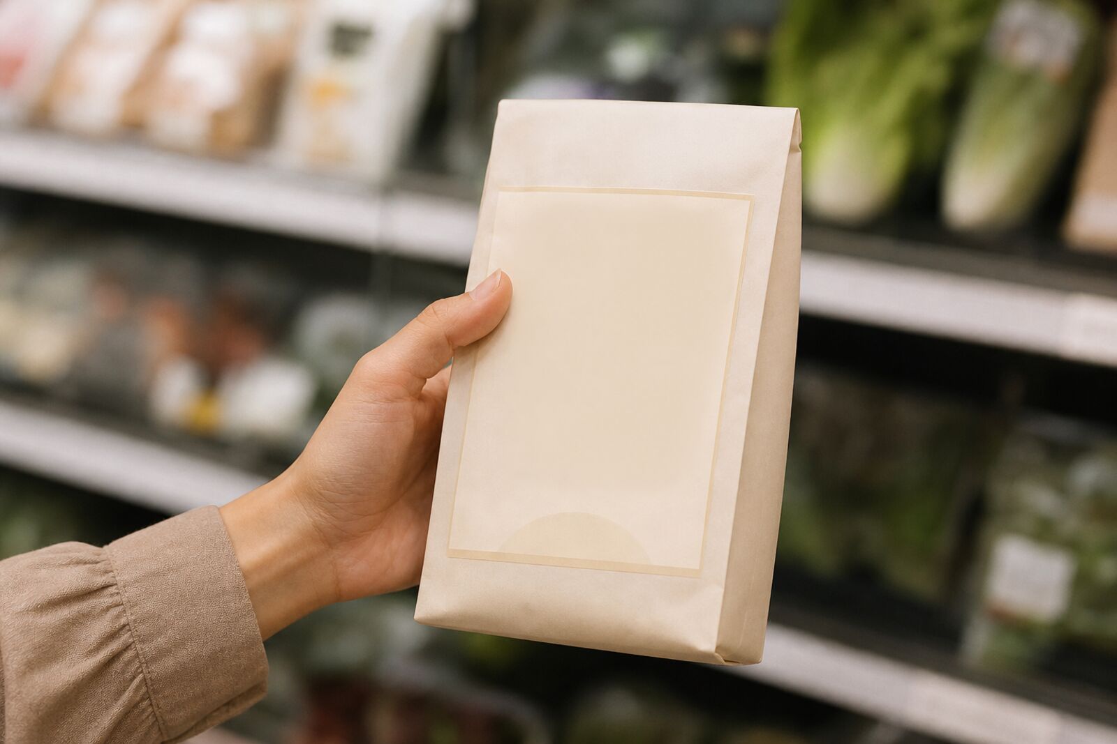 A hand holding a food package in a grocery aisle, label out of focus, shallow depth