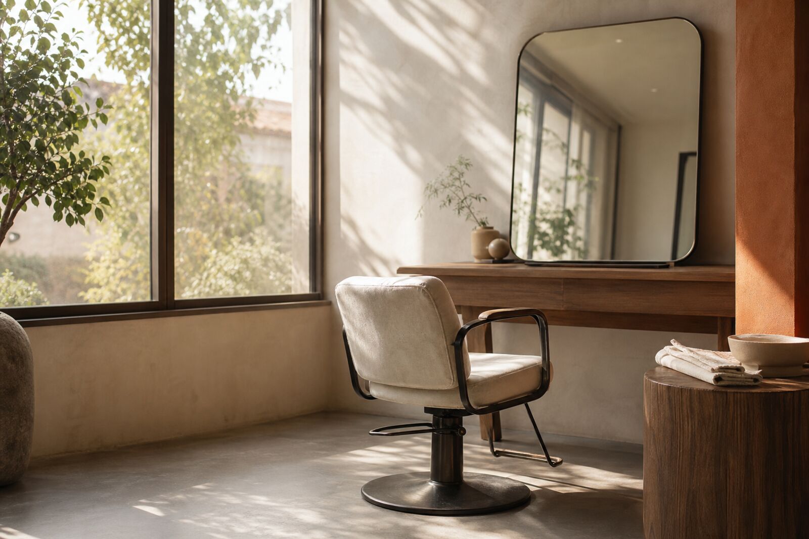An empty salon chair by a big window with daylight flooding in