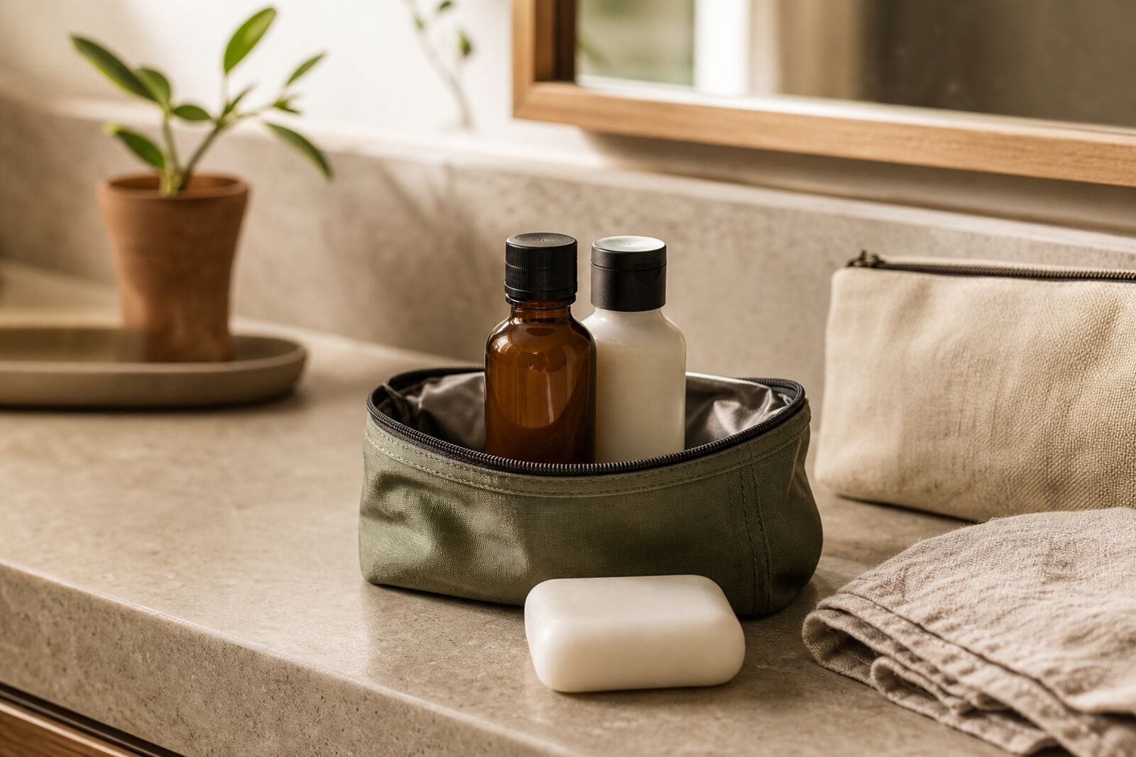 A small travel kit with a soap bar and refillable bottles on a hotel bathroom counter
