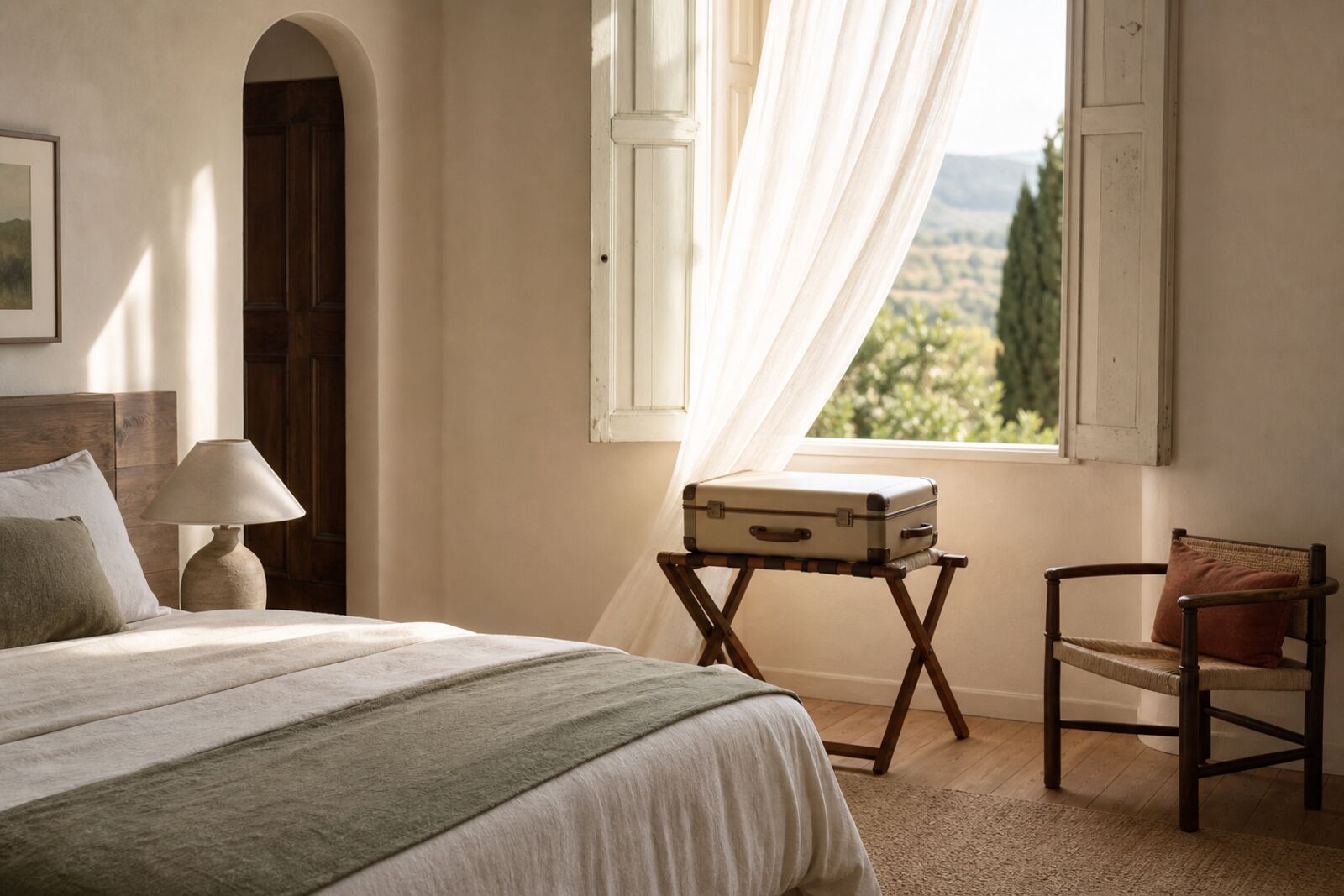 A bright hotel room with an open window and a suitcase on a luggage rack