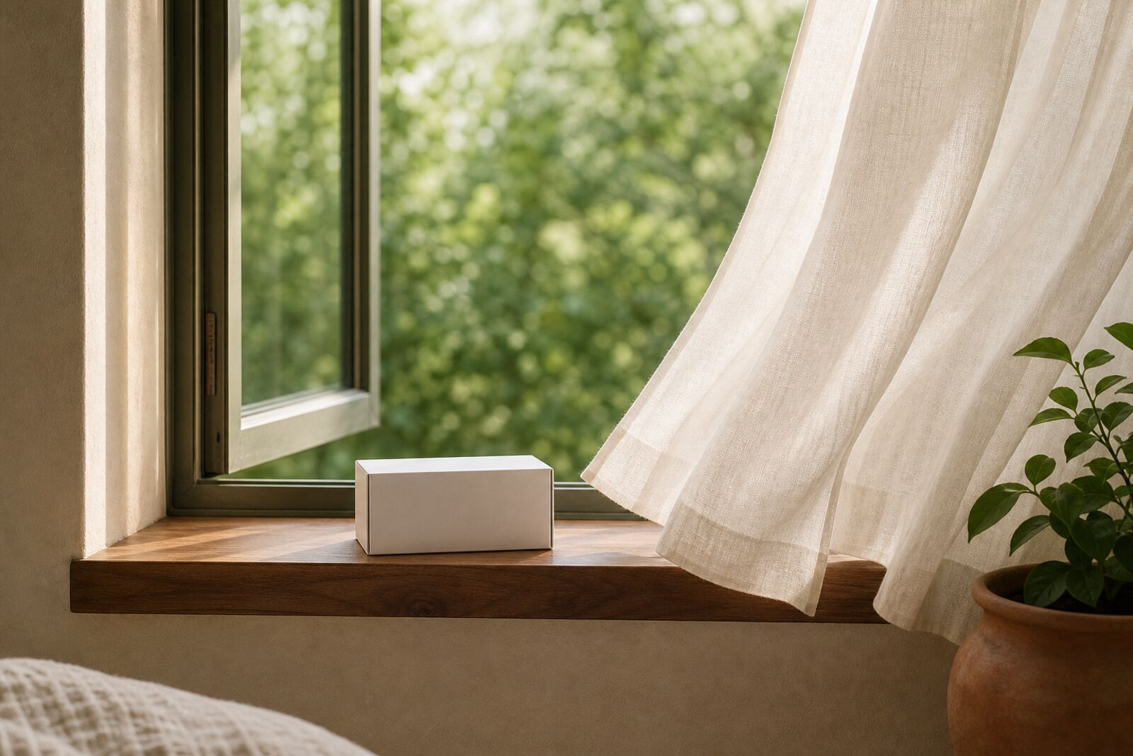 An open window with curtains moving and a small test kit box on the sill