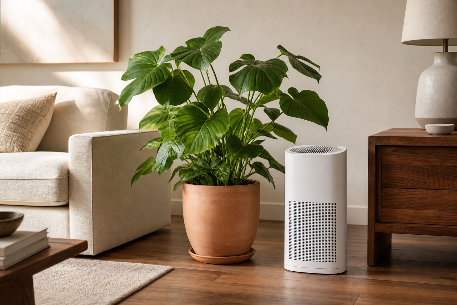 A HEPA air purifier in a bright living room beside a large potted plant