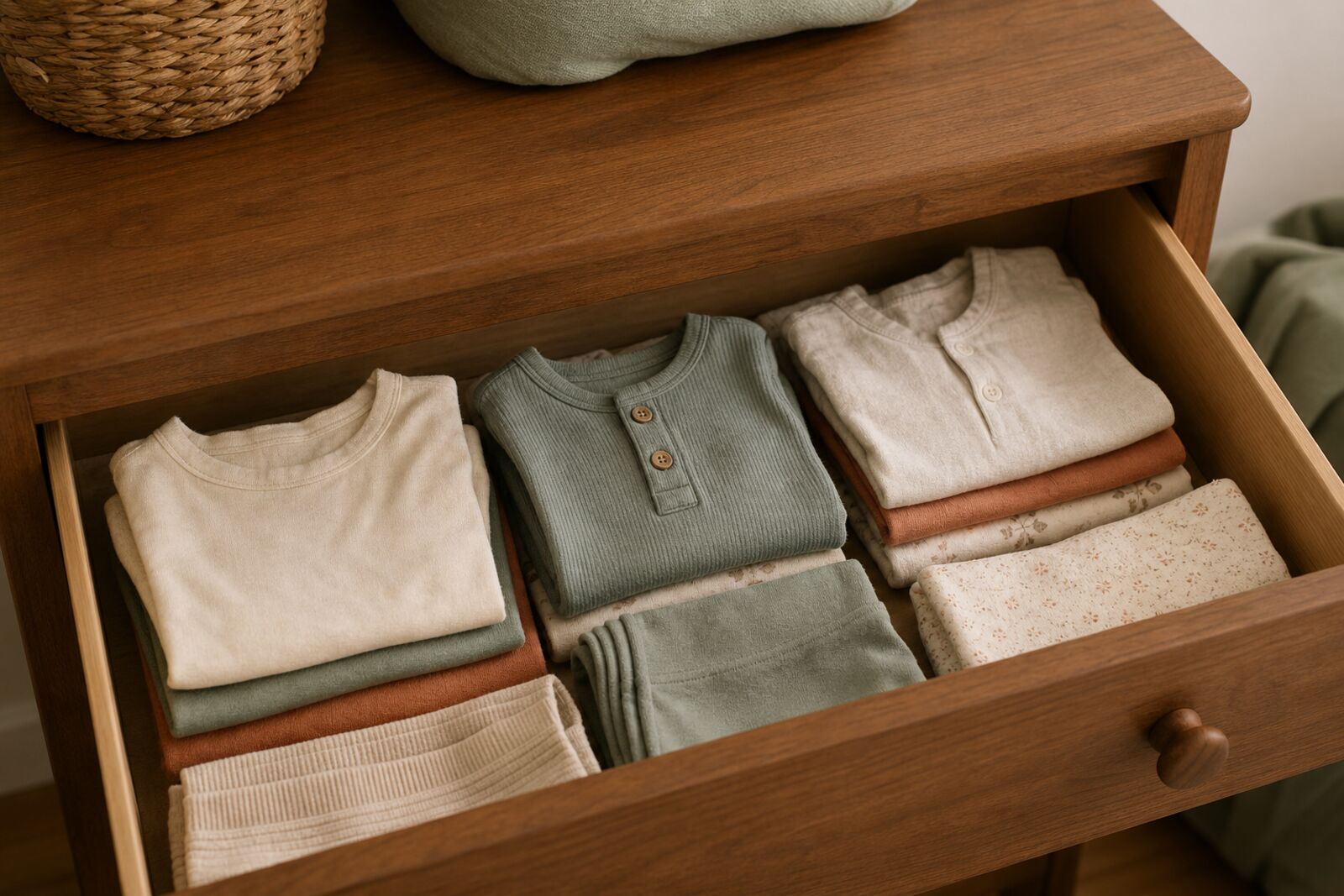 An open child's dresser drawer with neatly folded cotton clothes