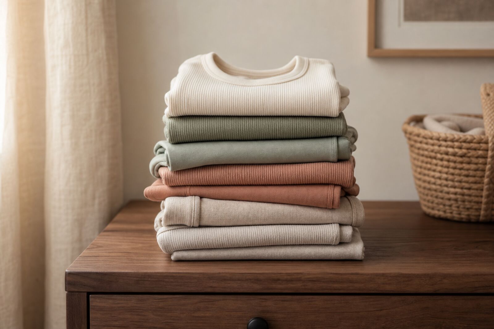 Folded snug-fitting children's cotton pajamas in soft colors on a dresser top