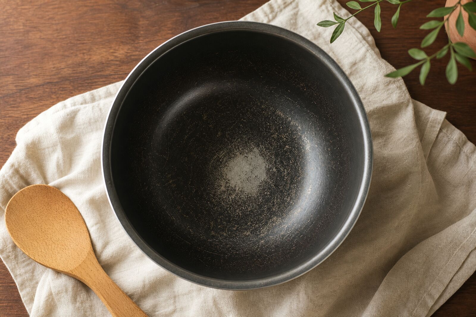 A rice cooker inner bowl showing a worn dark nonstick surface, overhead shot