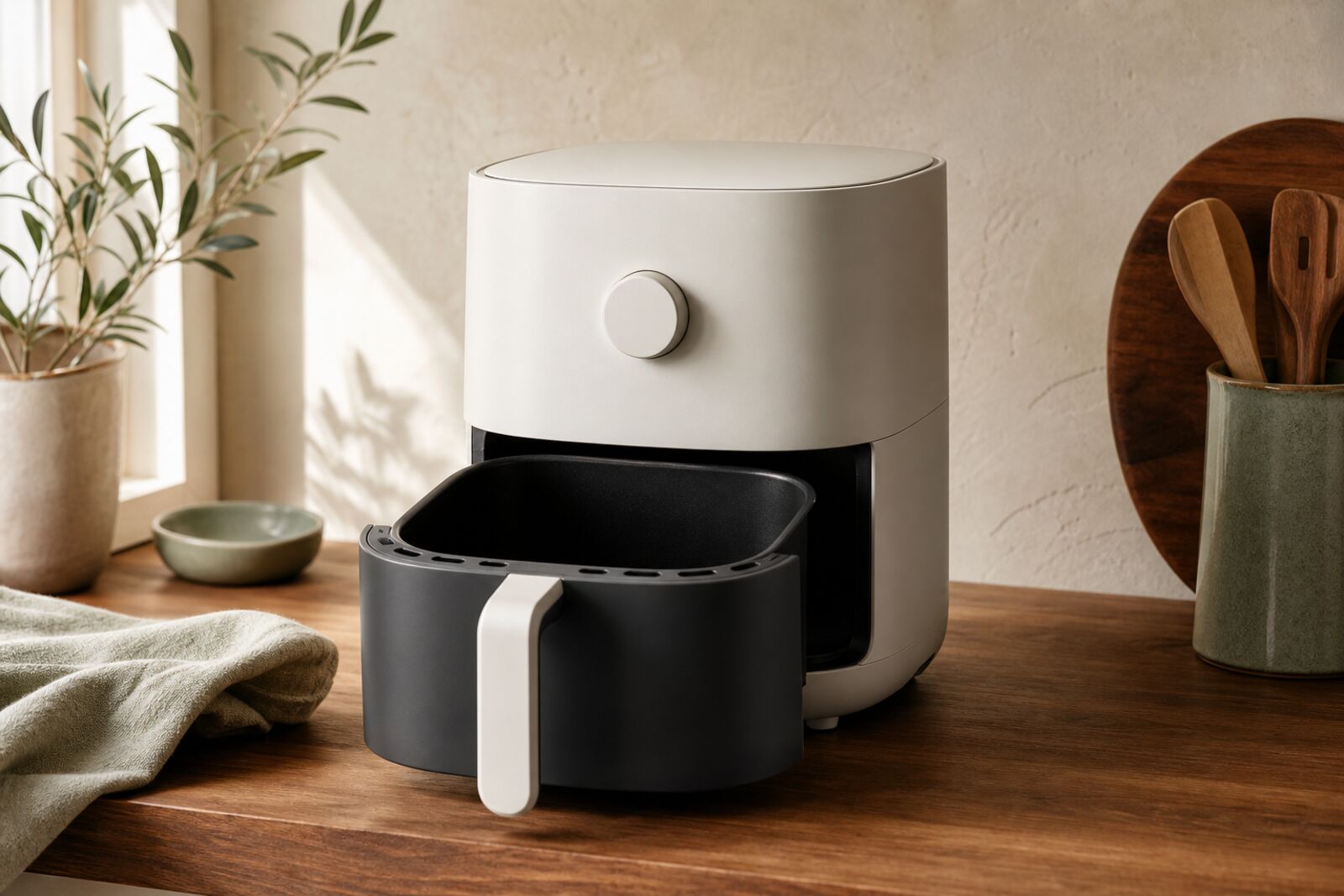 An air fryer with its coated basket pulled out on a kitchen counter
