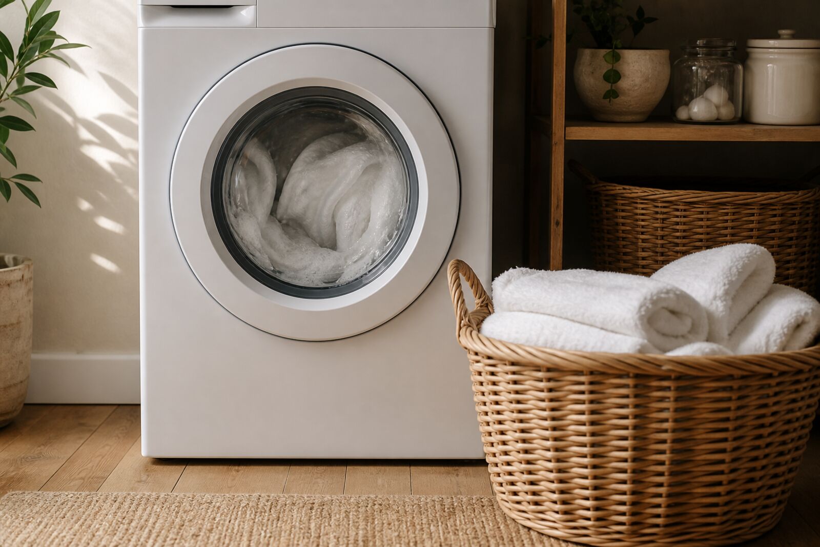 A front-loading washer mid-cycle with a wicker basket of white towels beside it