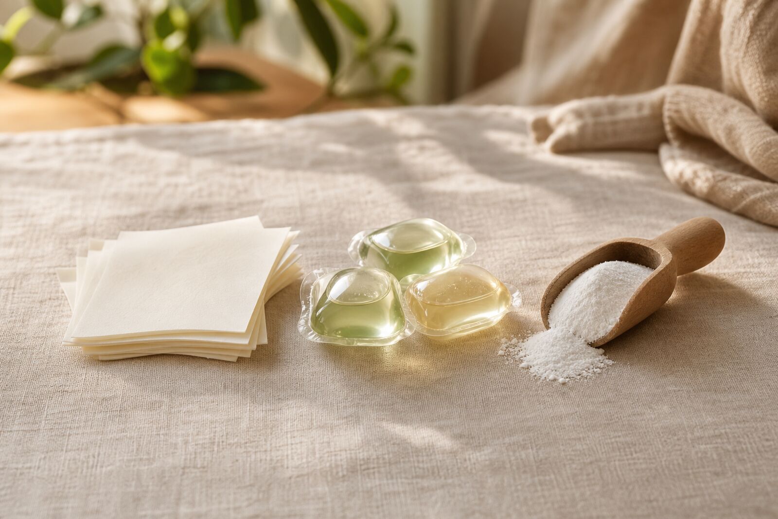 Detergent sheets, pods, and a scoop of powder arranged side by side on a linen surface